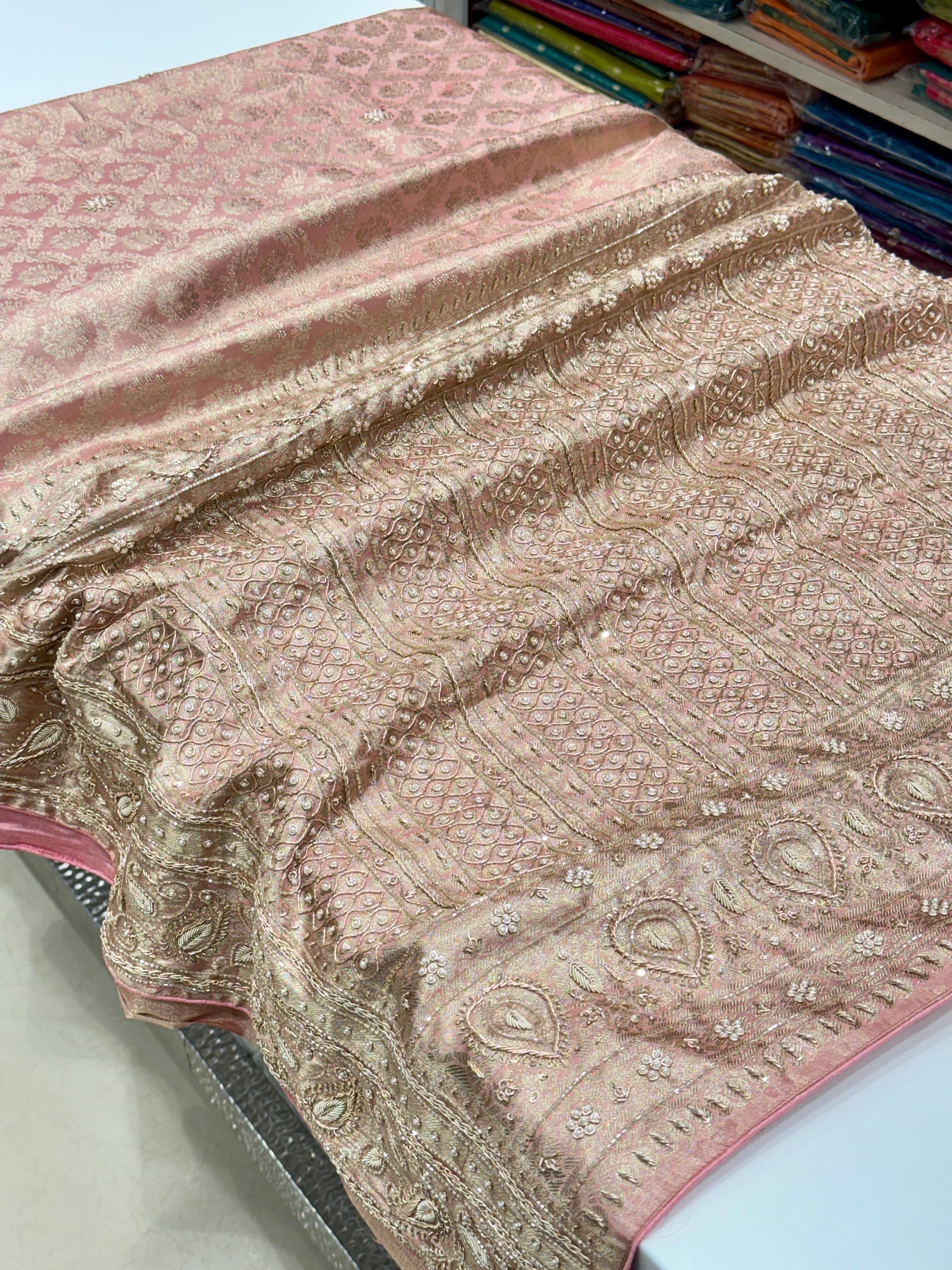 Pink Tissue Kanjivaram Contemporary Hand Embroidery Saree