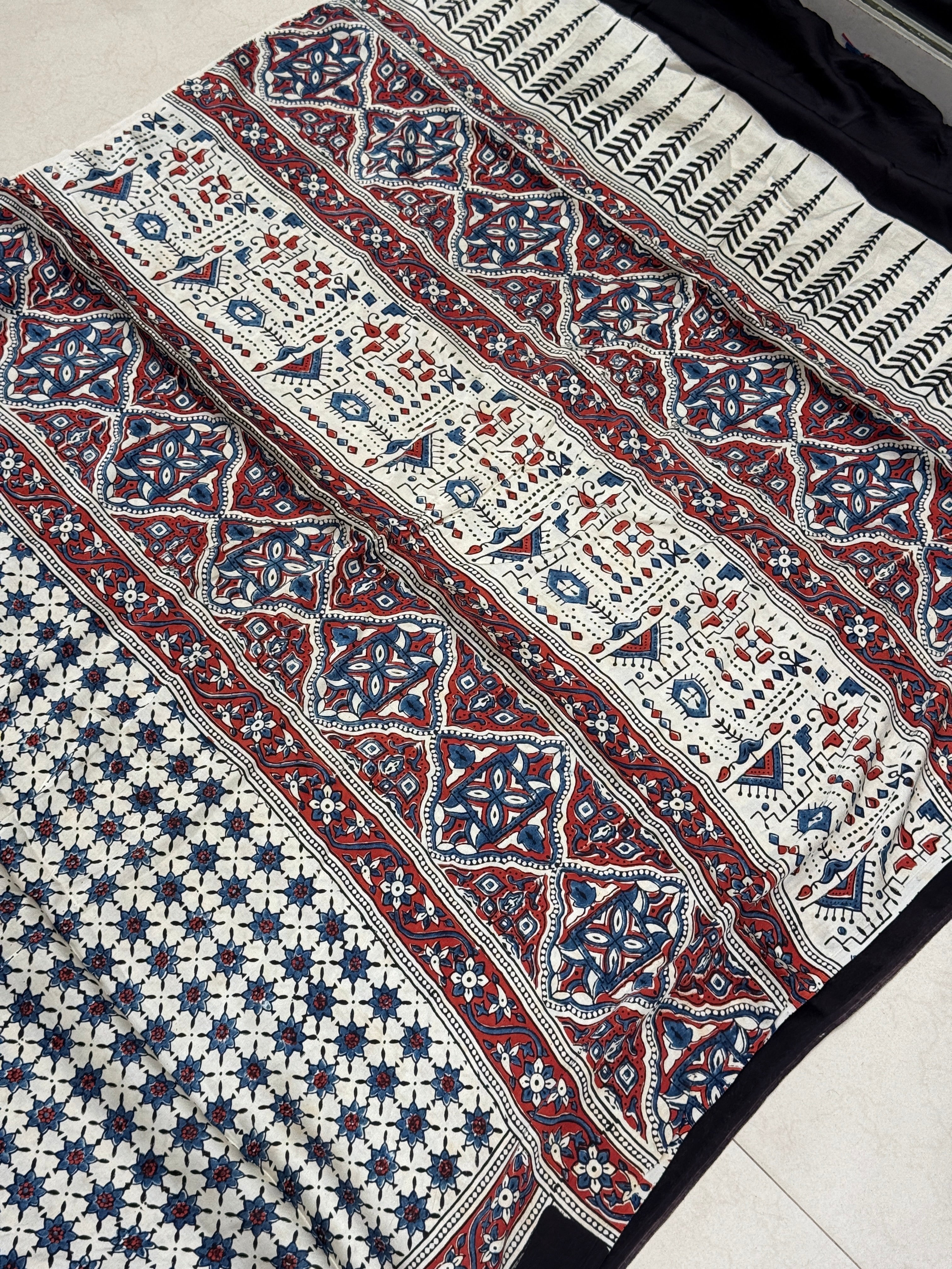 White Blue Star Modal Silk Ajrakh Saree