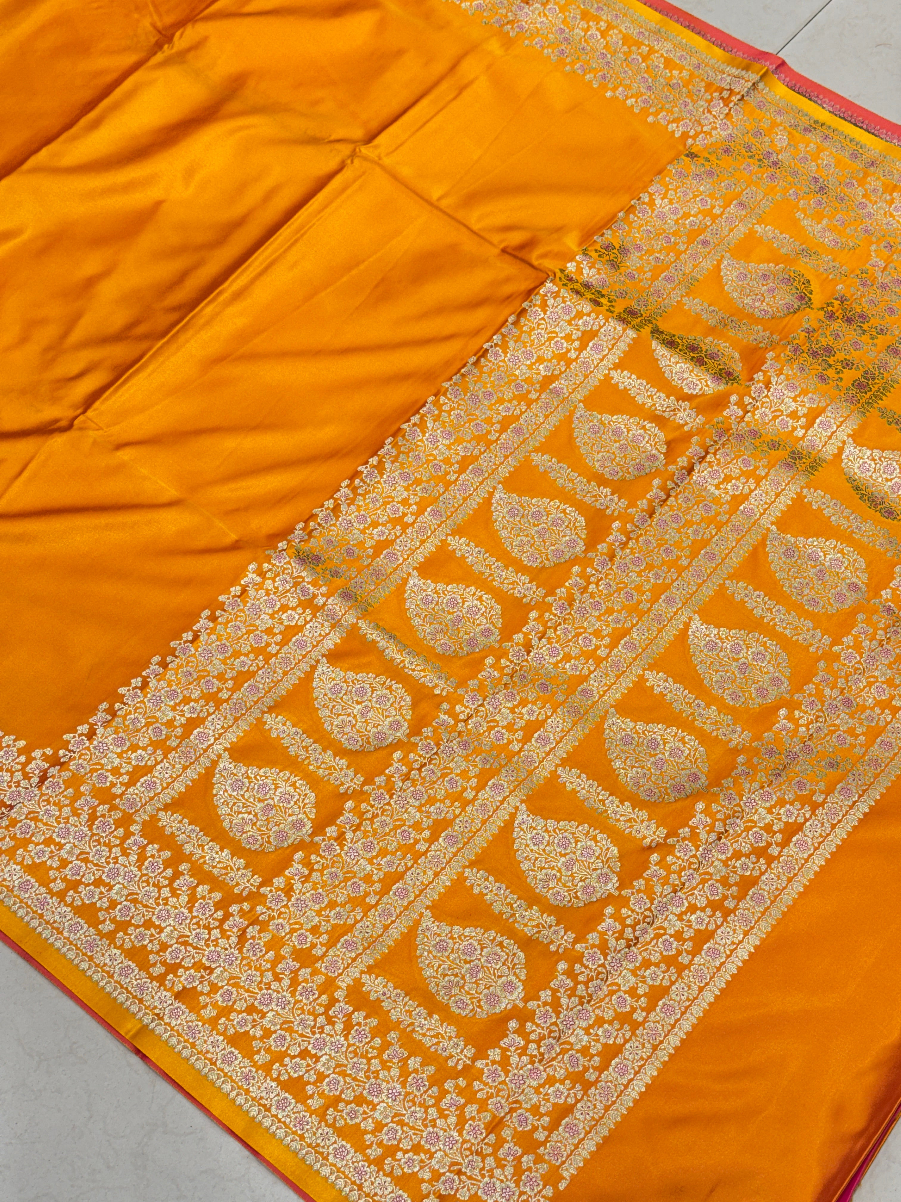 Mango Yellow Banarasi Silk Plain Floral Border Saree