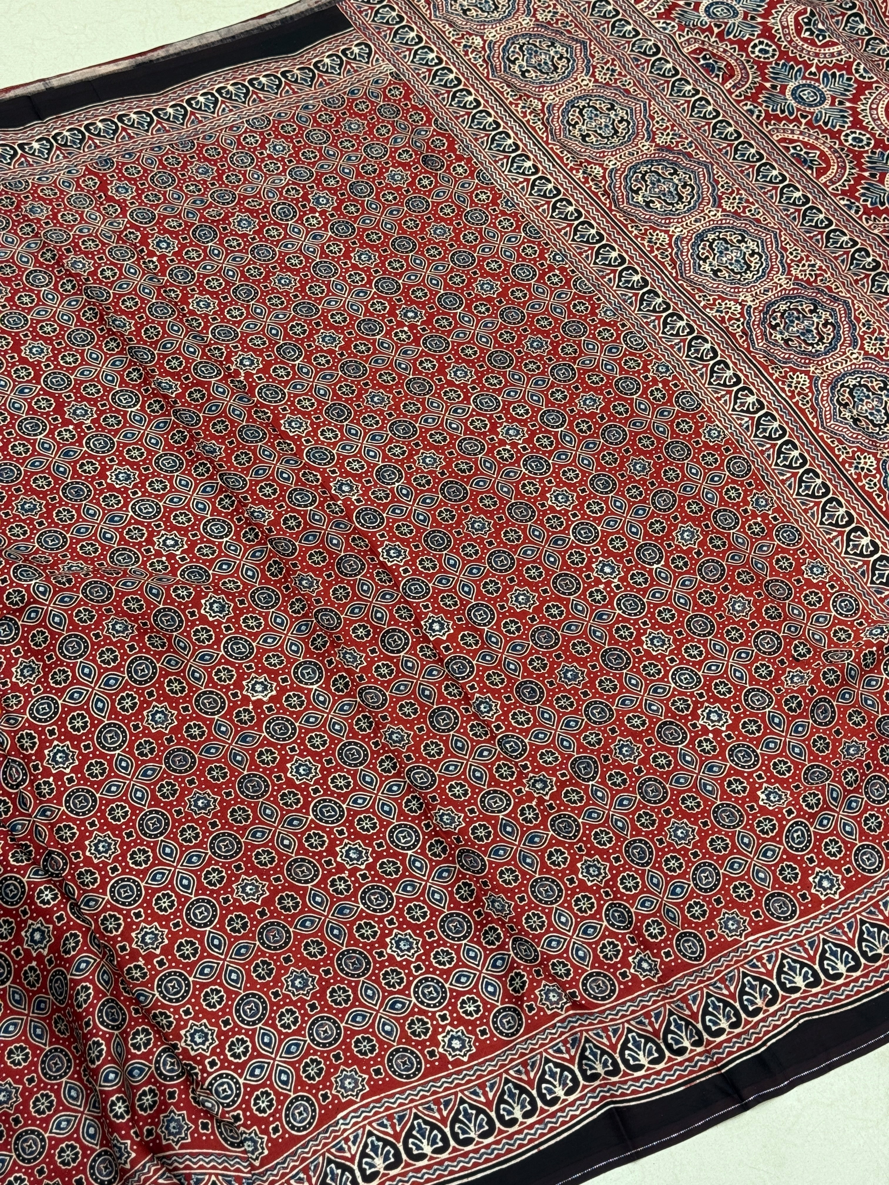 Red Crown Buttis Jaal Ajrakh Modal Gajji Silk Saree