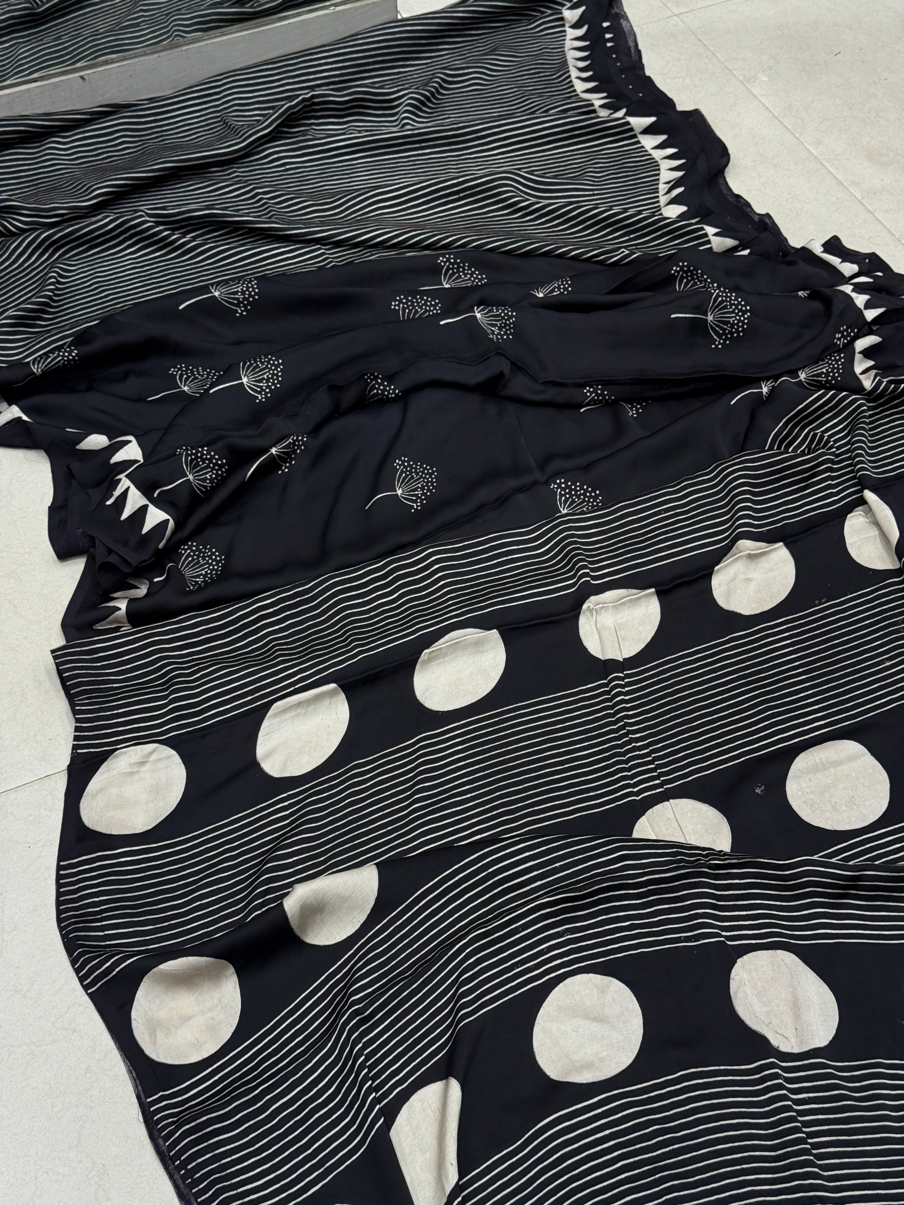Black Contemporary Tree Buttis Ajrakh Block Print Hand Pure Gajji Silk Saree