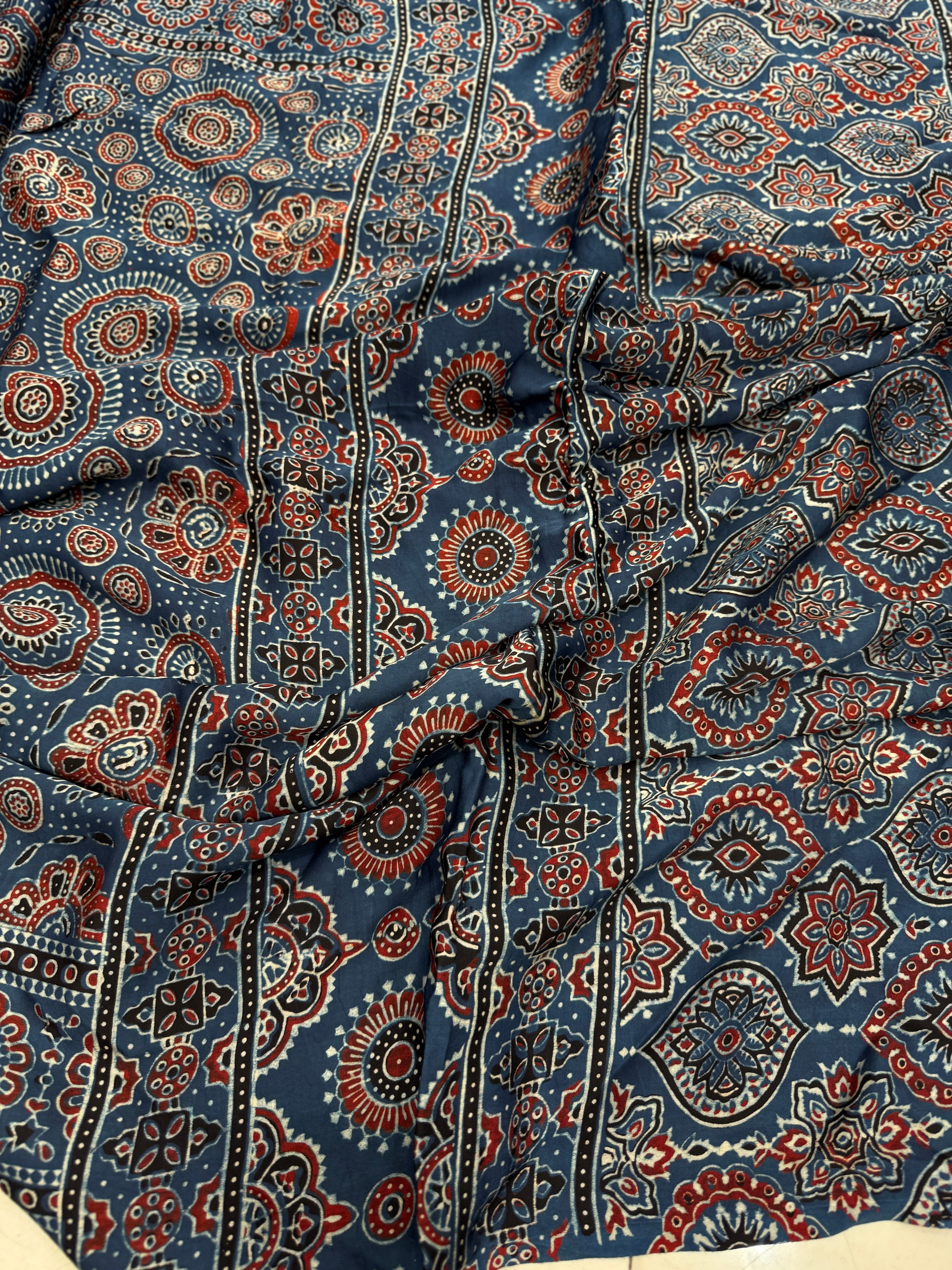Blue Badam Circle Jaal Ajrakh Block Print Hand Pure Gajji Silk Saree