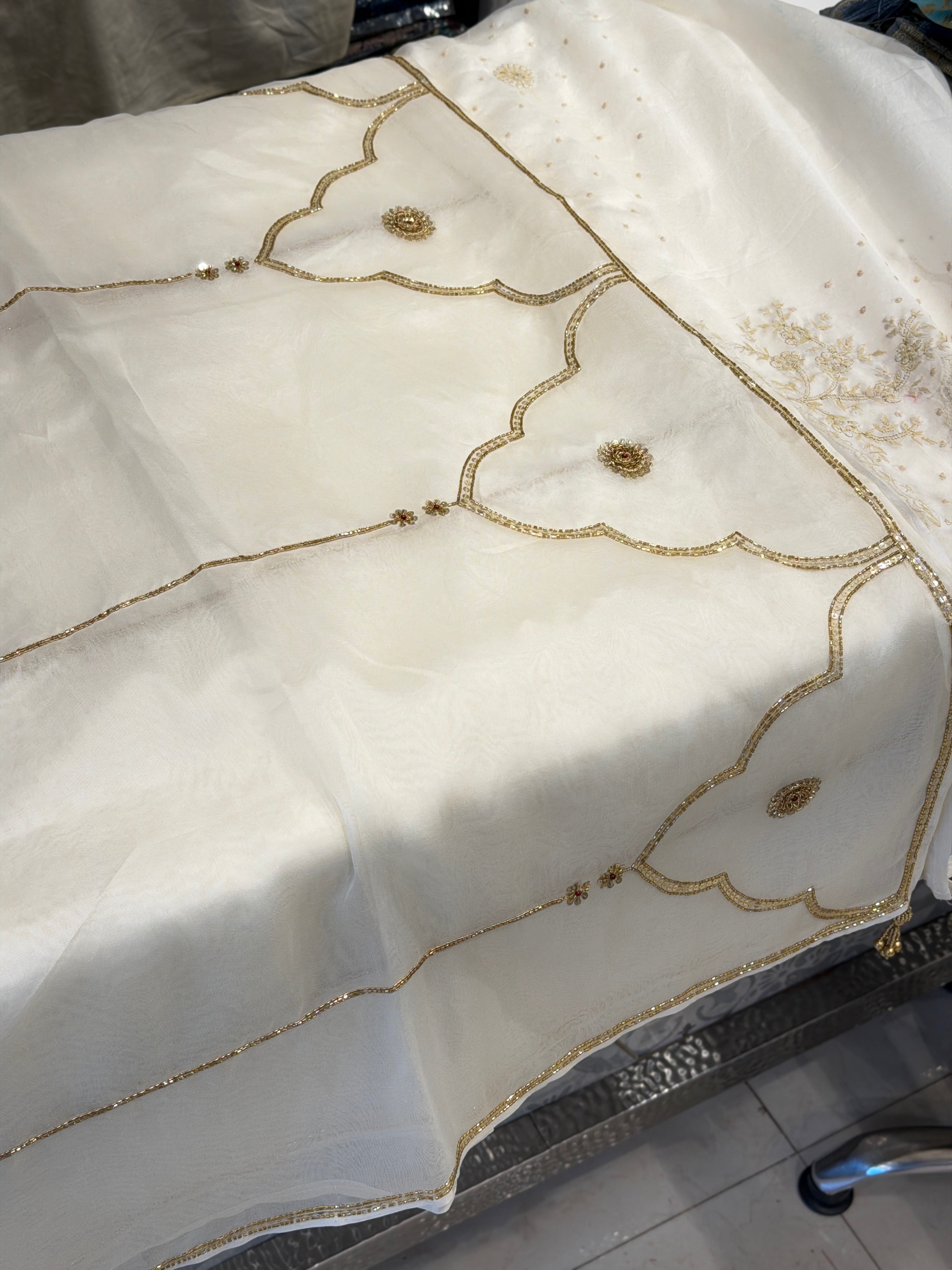 White Pure Organza Raw Mango Inspired Contemporary Zardodi Moti Sequin Hand Embroidery Saree