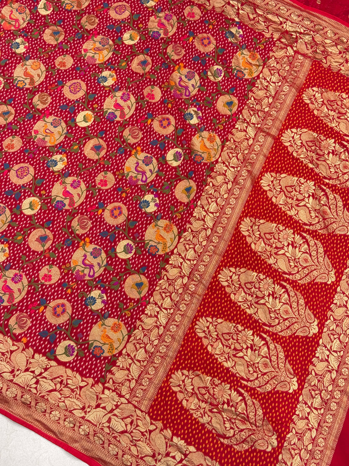 Red Chandra Mor Meenakari Woven Bandhej Saree