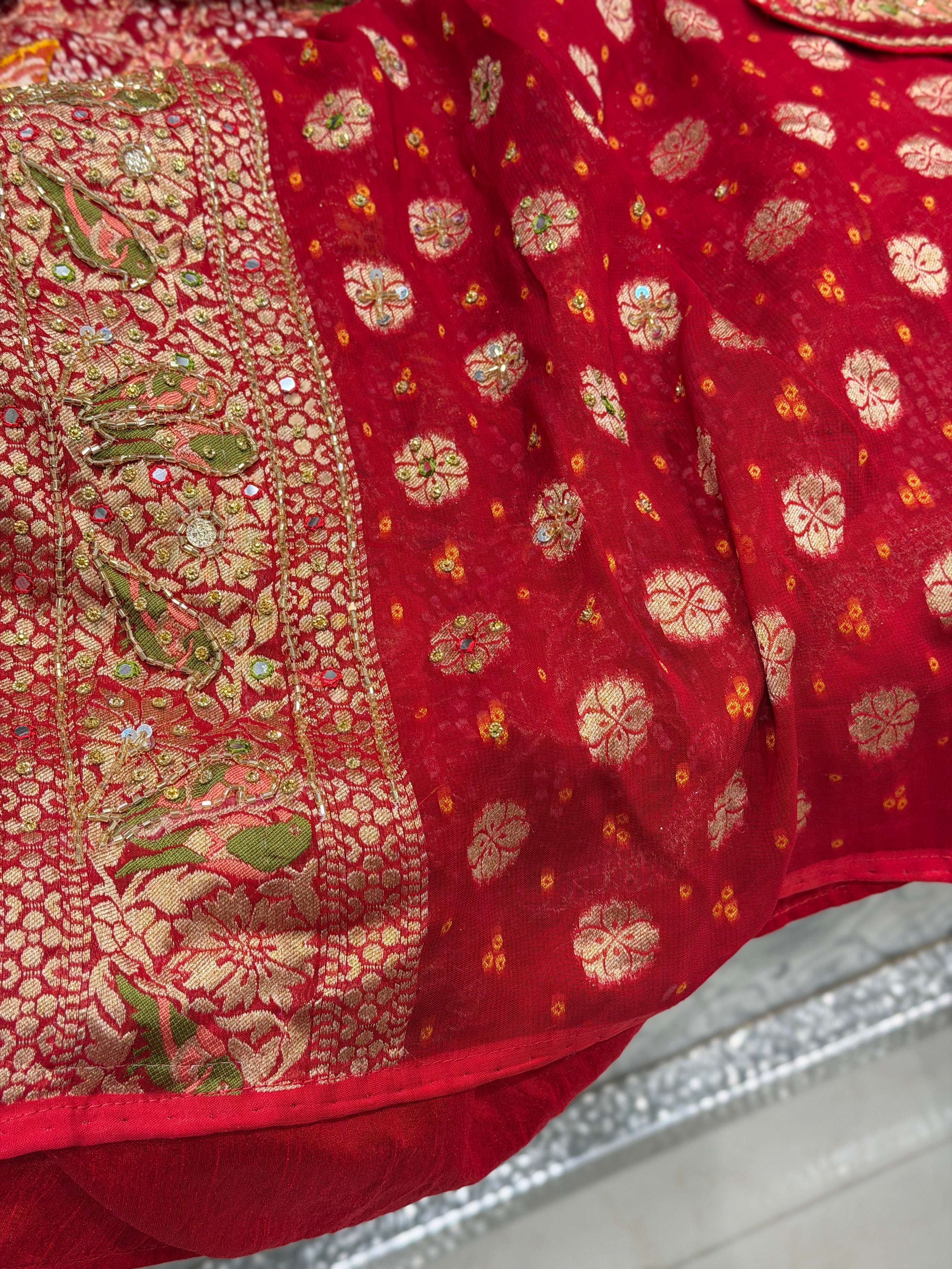 Red Woven Bandhej Banarasi Khaddi Georgette Parrot Motif Hand Embroidery Saree