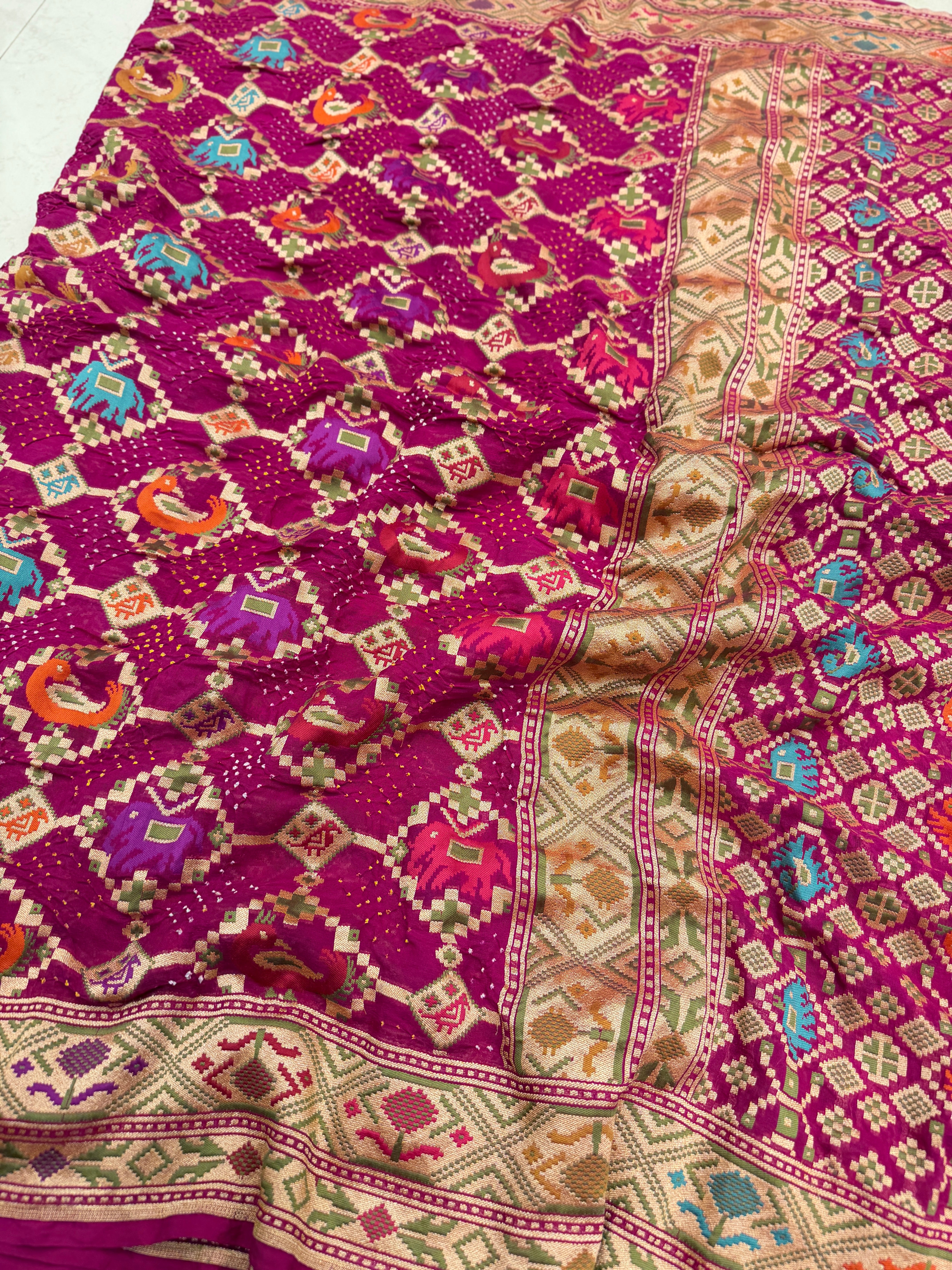Wine Meenakari Pure Handloom Patola Style Rai Bandhej Georgette Saree