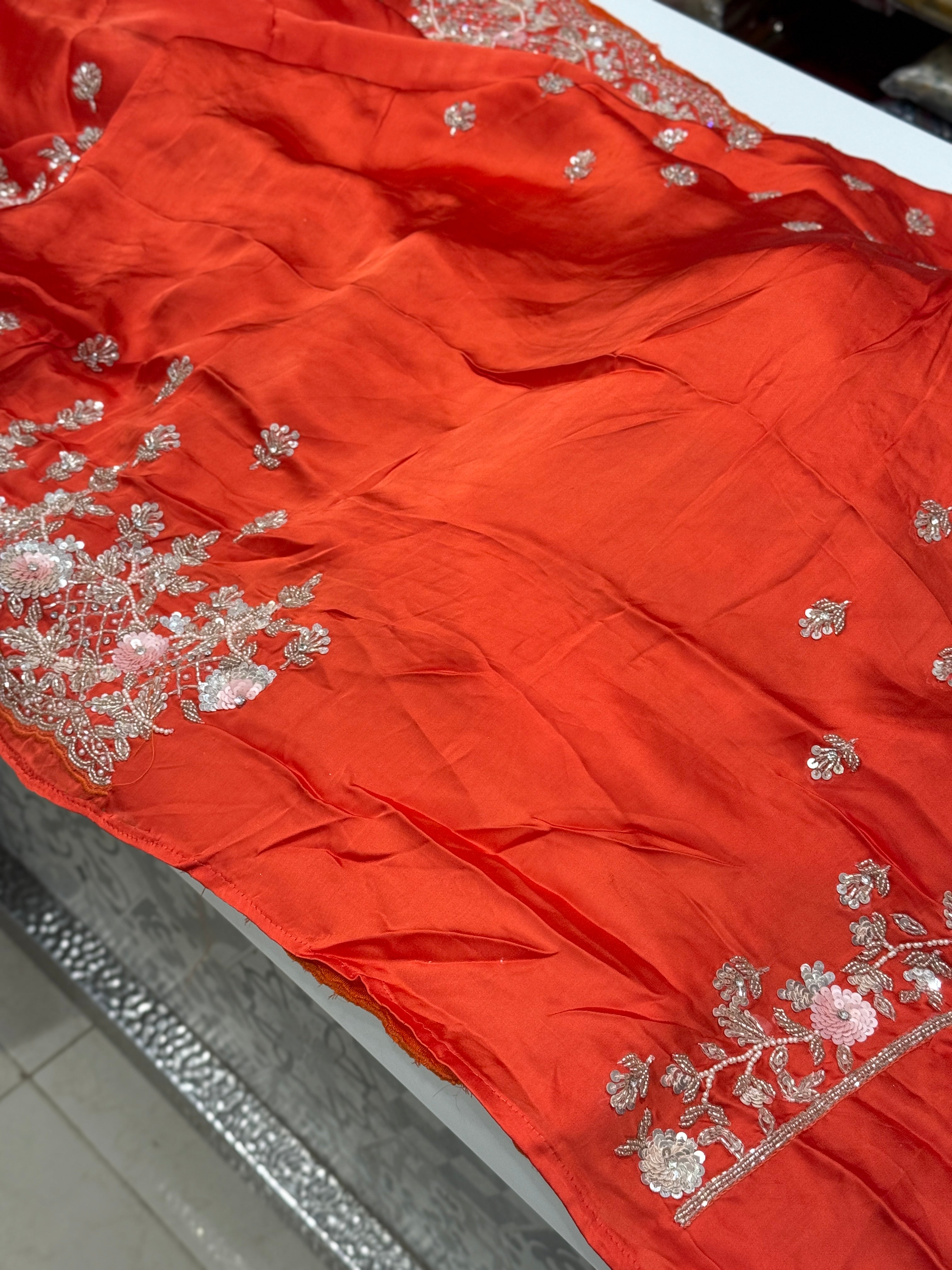 Orange Satin Sequin Moti Border Hand Embroidery Saree