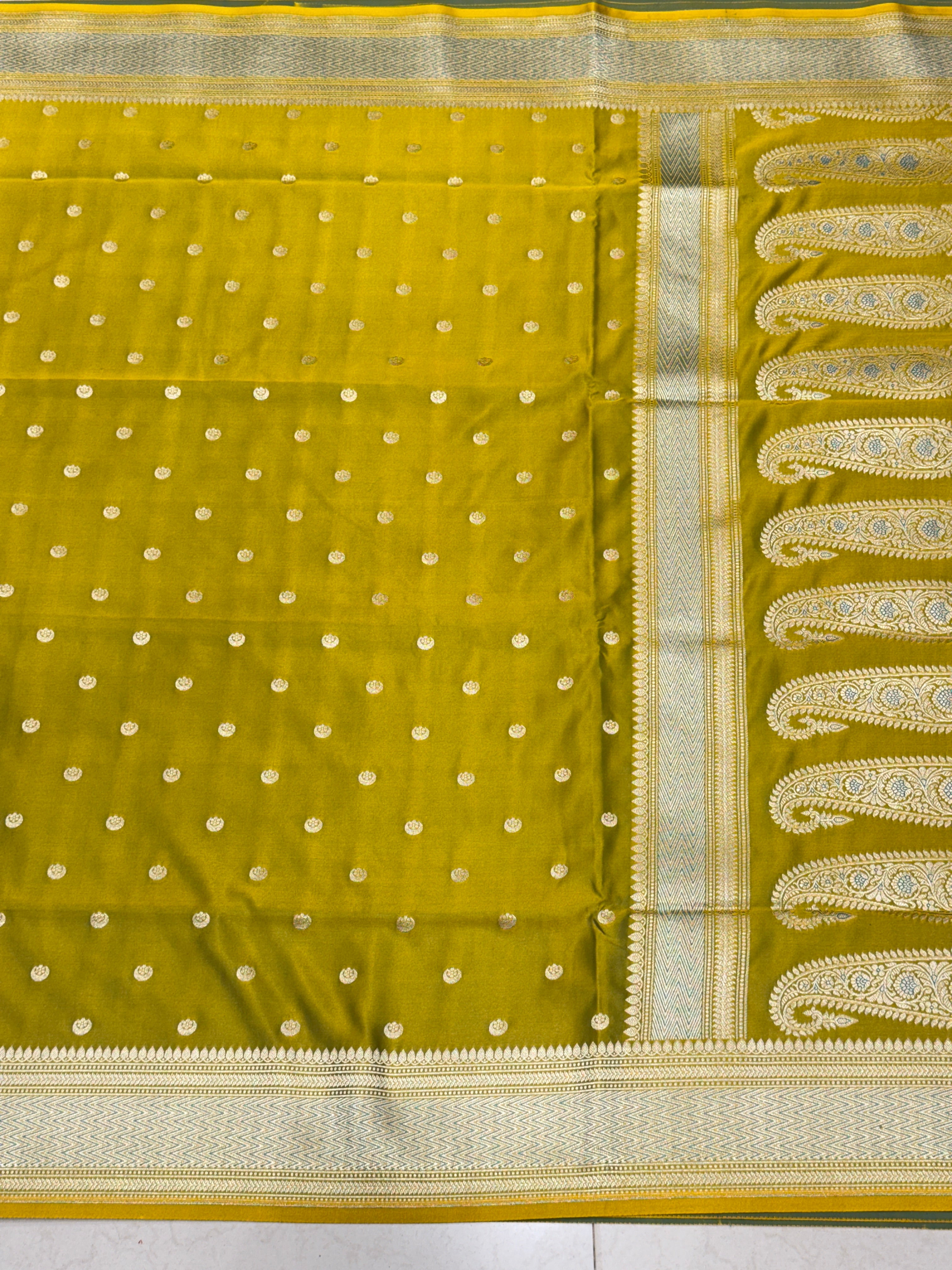Greenish Yellow Banarasi Small Chand Butti Saree