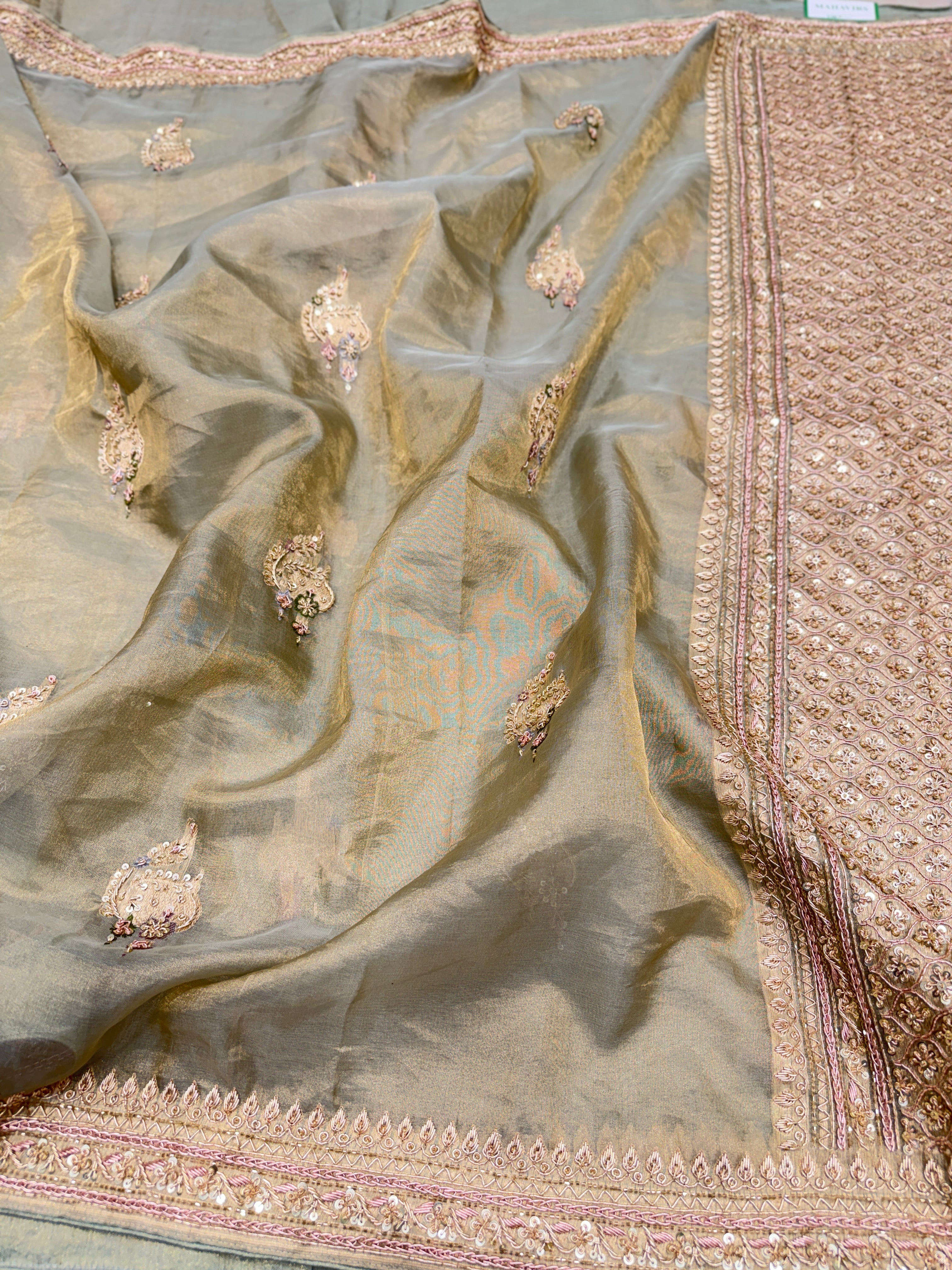 Sage Green Meenakari Banarasi Tissue Handloom Kadwa Weave Zardosi Embroidery Saree