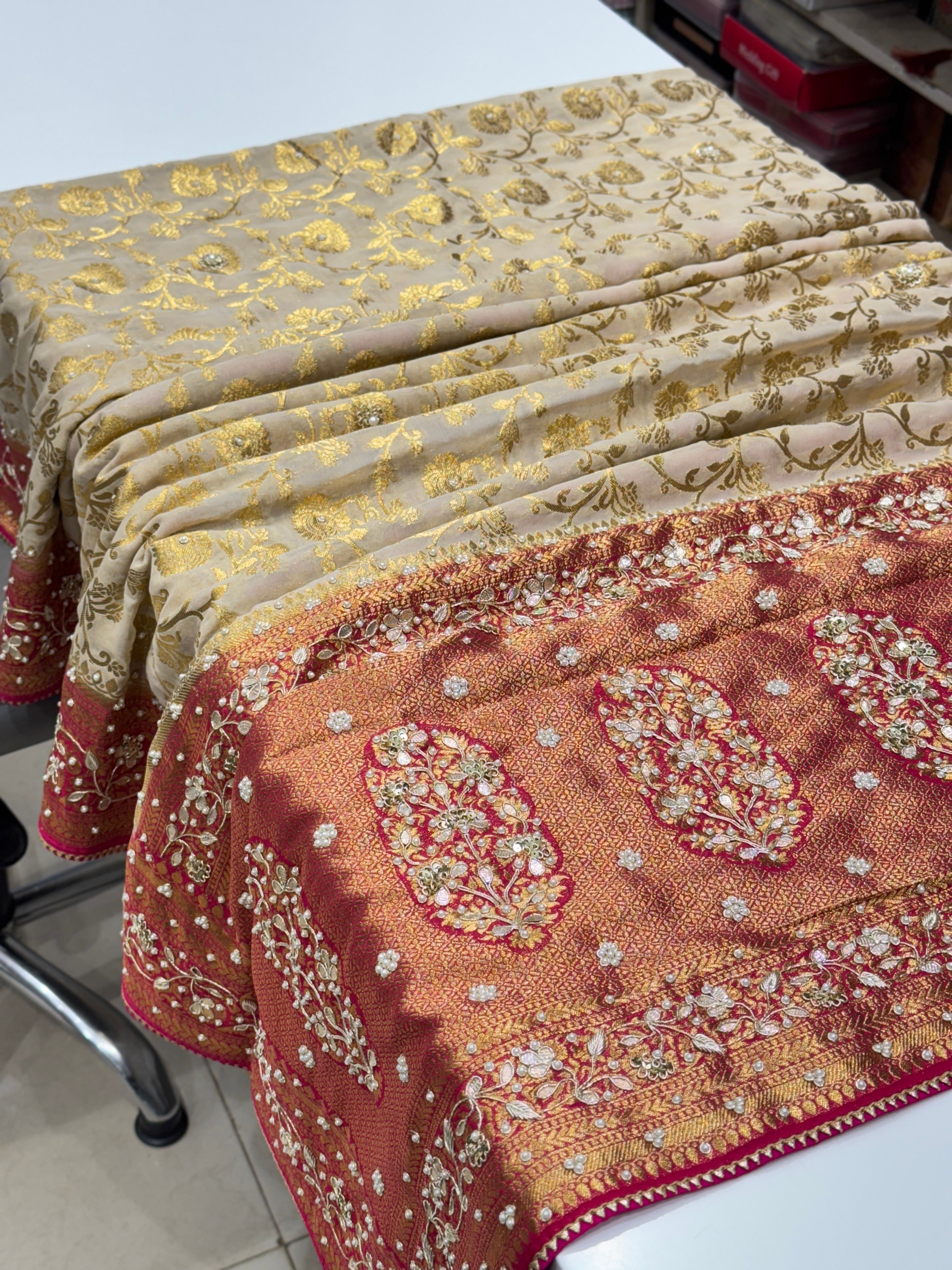 Beige Rani Banarasi Khaddi Georgette Baghban Jaal Zardosi Embroidery Saree