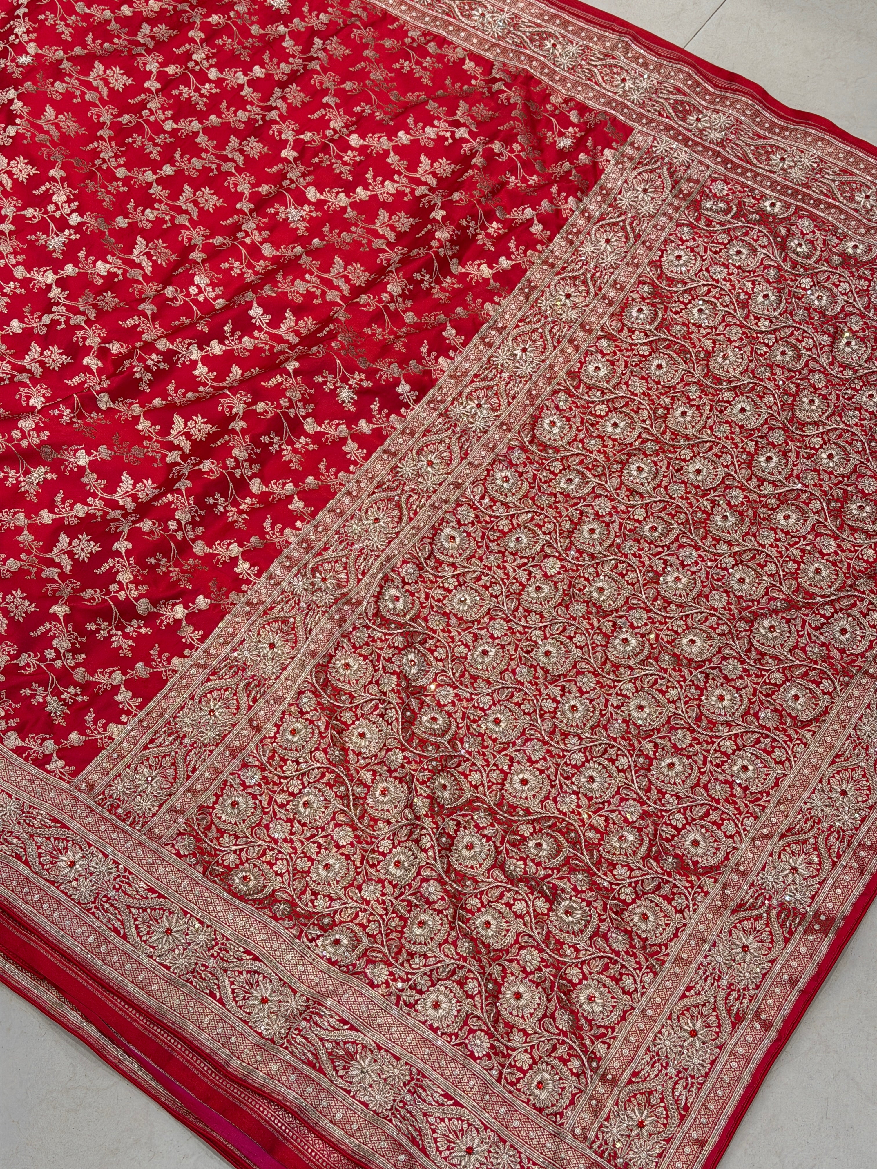 Red Banarasi Periwinkle Jaal Zardosi Crystal Hand Embroidery Saree