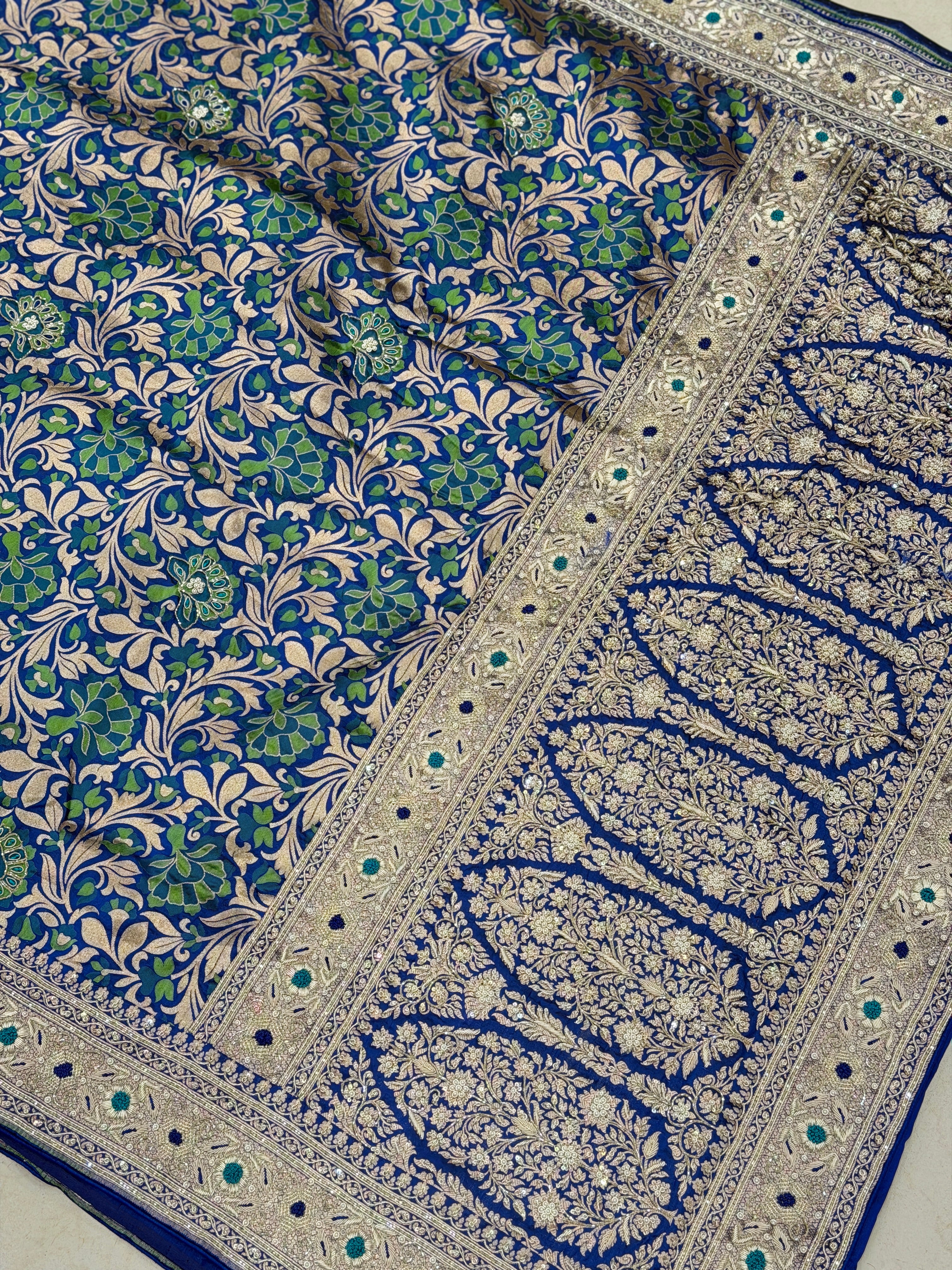 Blue Green Floral Handloom Banarasi Katan Silk Zardosi Hand Embroidery Saree