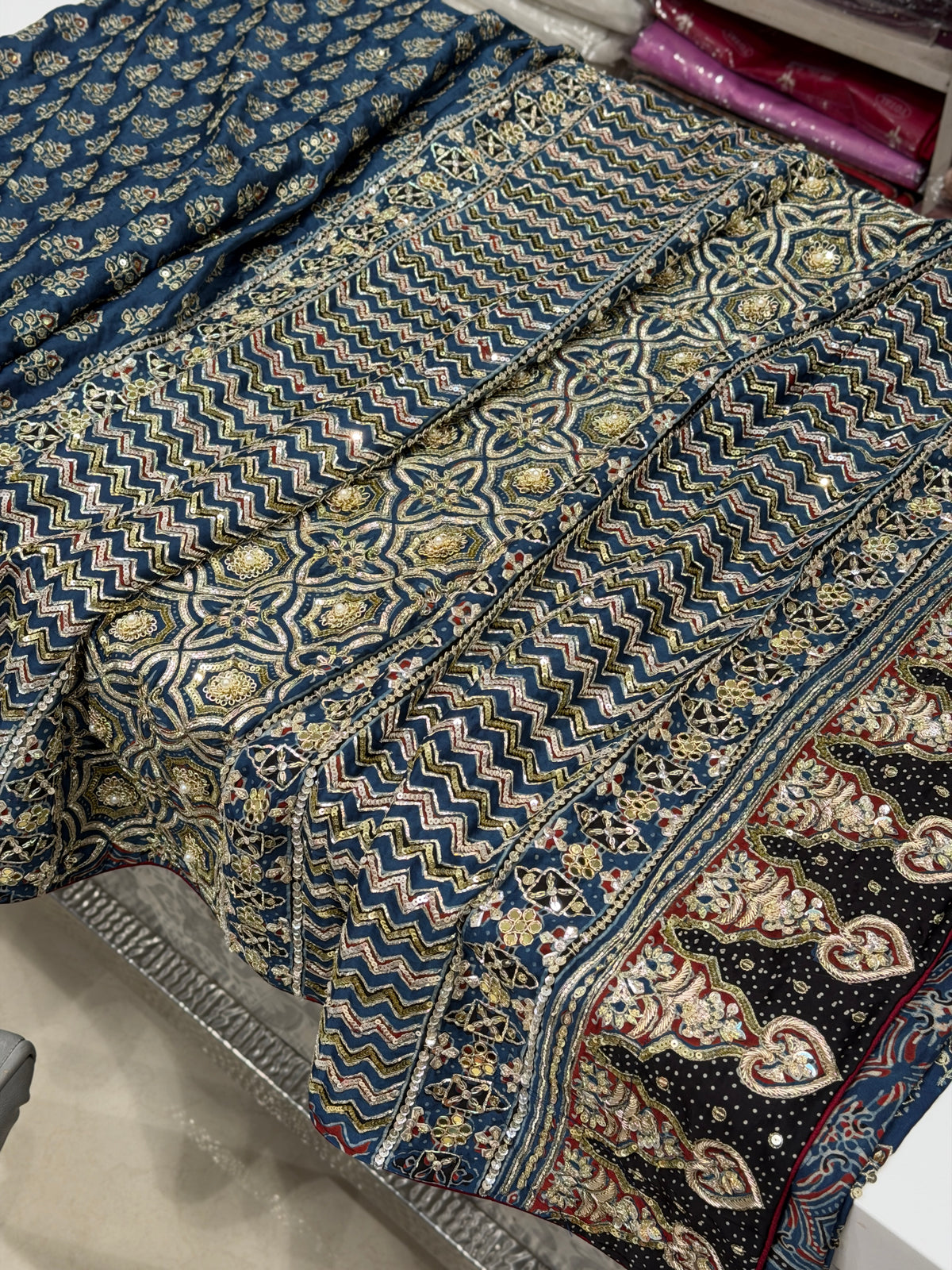 Blue Keri Butti Pita Sequin Ajrakh Hand Embroidery Saree