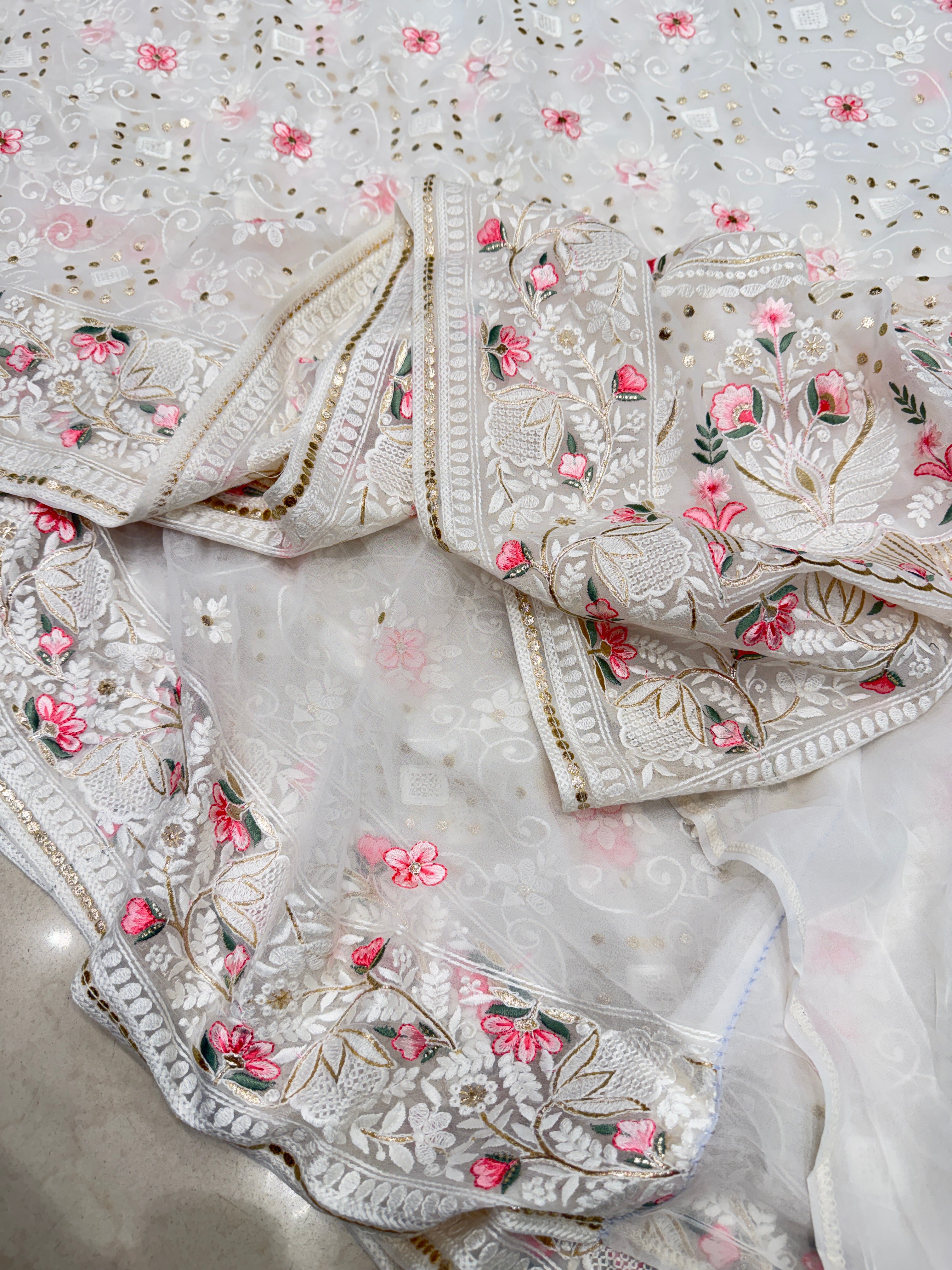 White Chikankari Meena Resham Mukaish Pita Georgette Saree