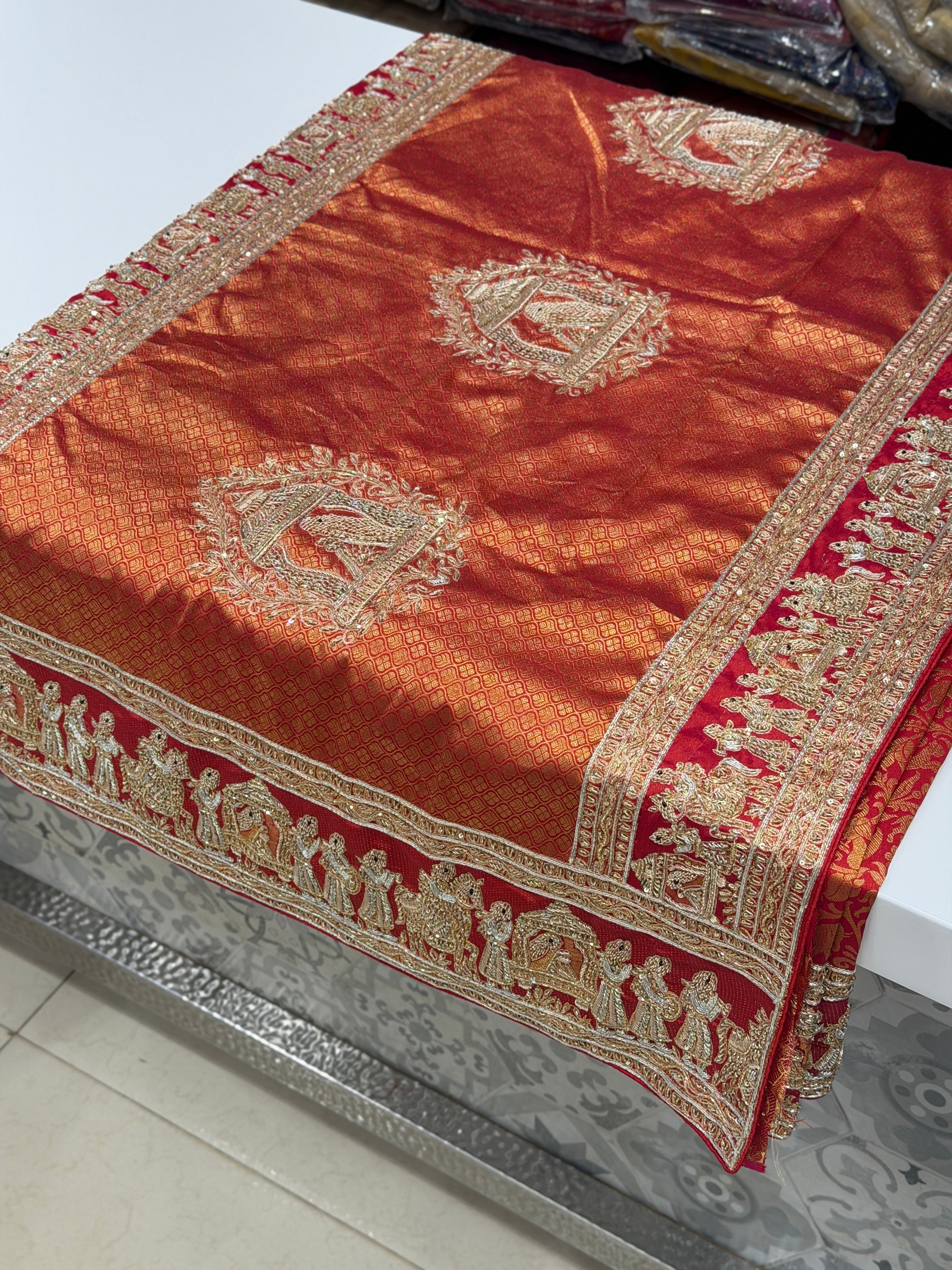 Red Silk Kanjivaram Zardozi Doli Hand Embroidery Saree