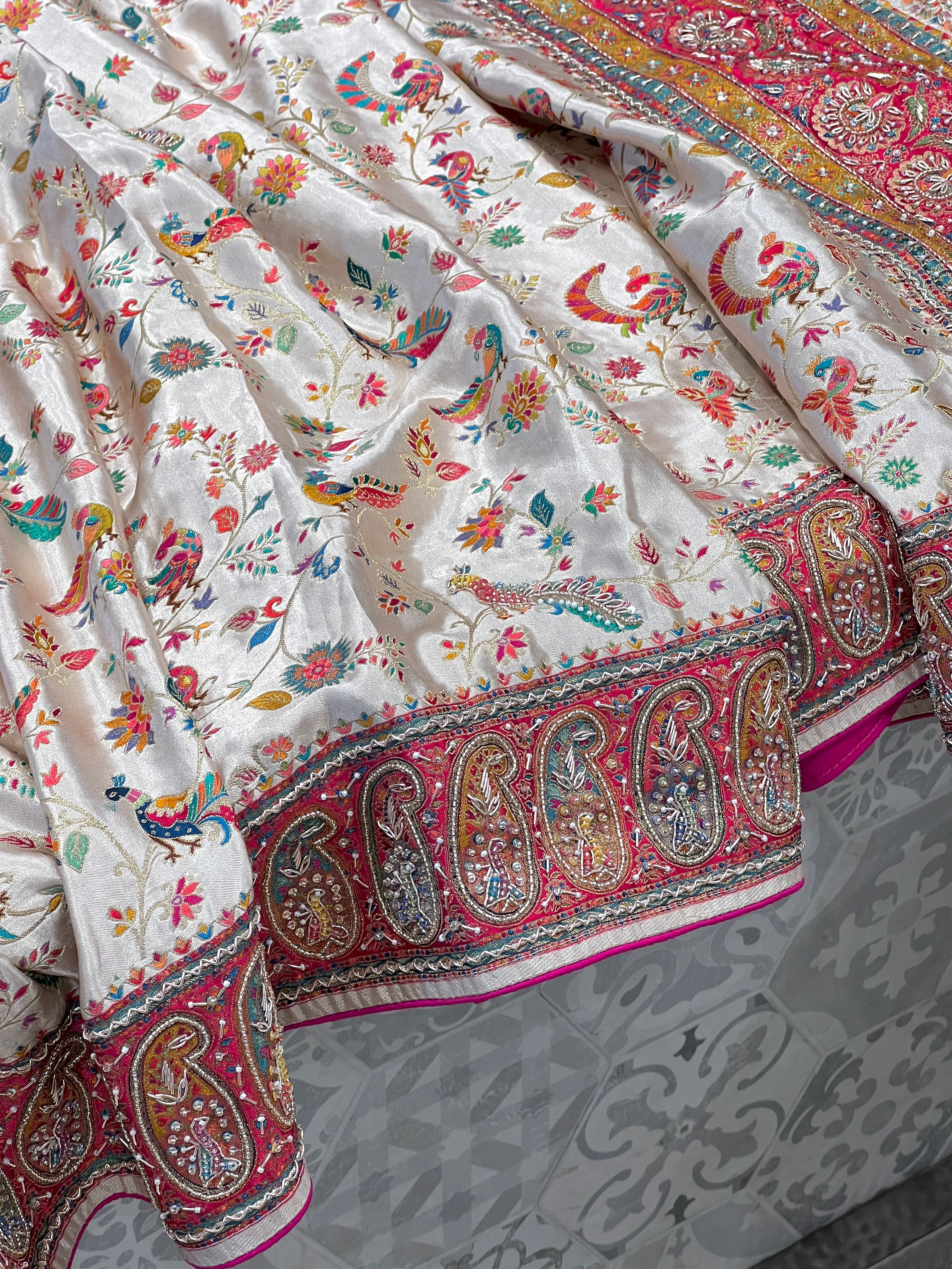 White Modal Satin Rangkat Peacock Hand Embroidery Saree