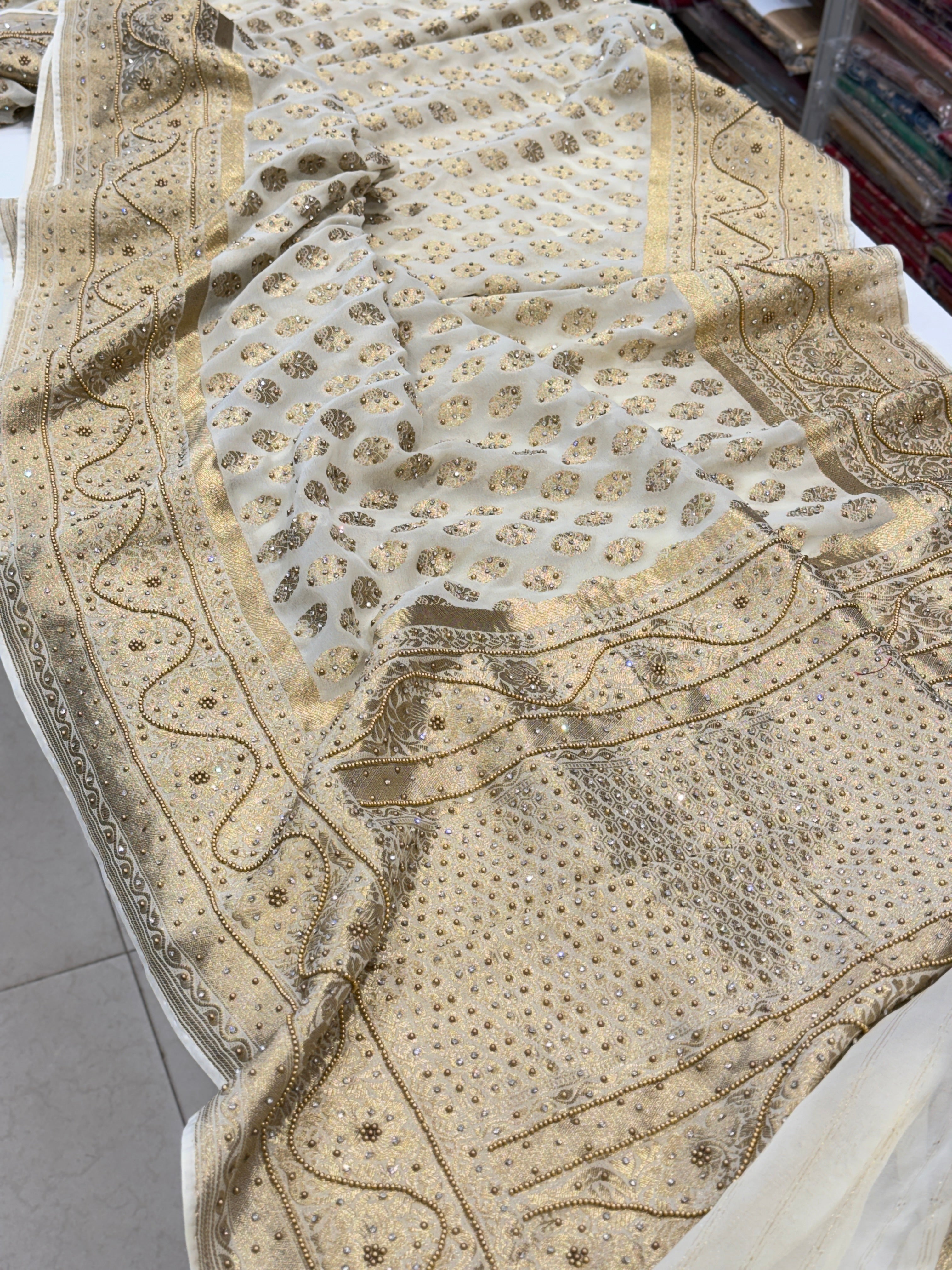 Beige Banarasi Khaddi Georgette Hand Done Buttis Saree