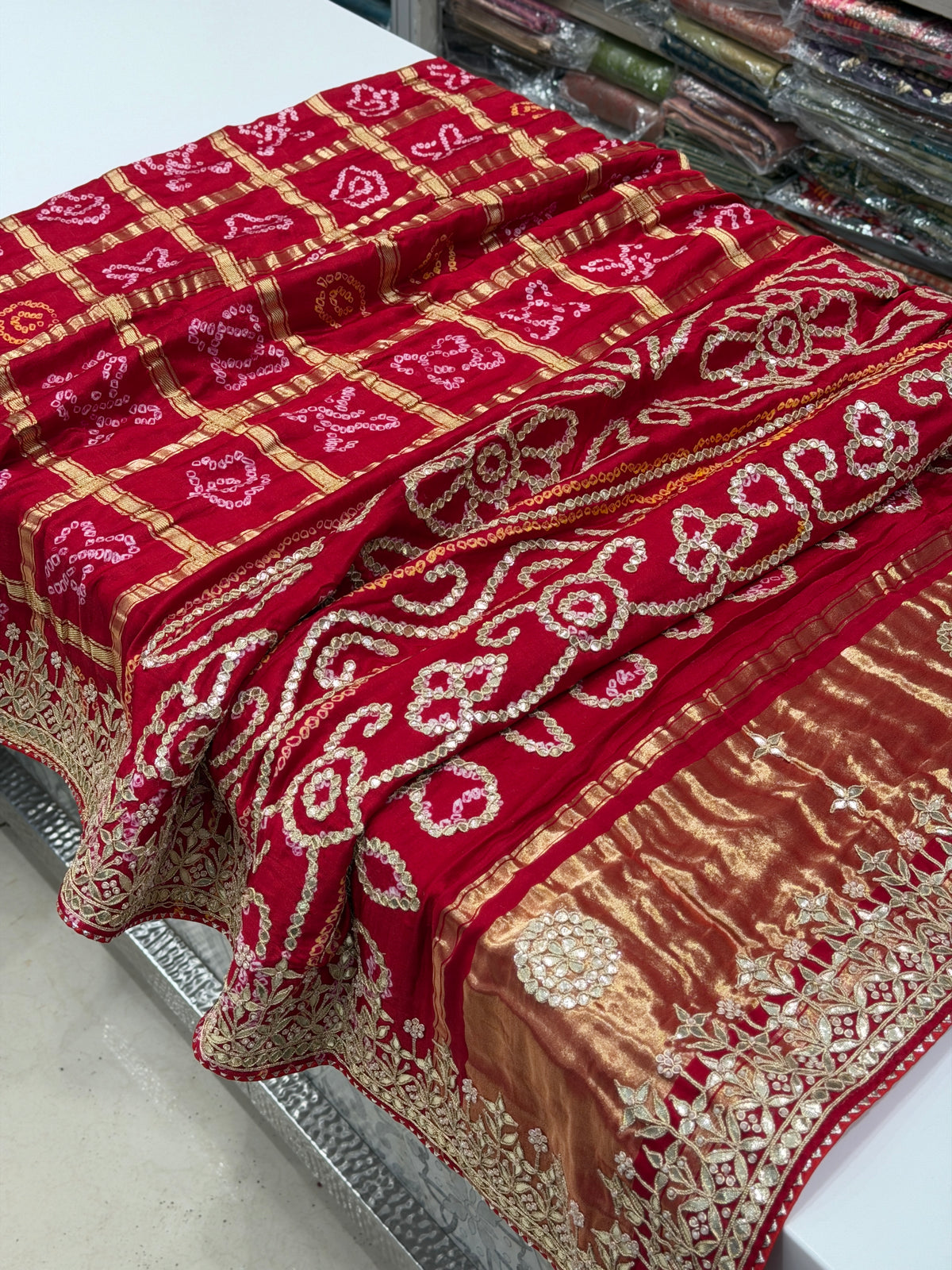 Red Gajji Silk Gharchola Rai Bandhej Gotapatti Marodi Hand Embroidery Saree