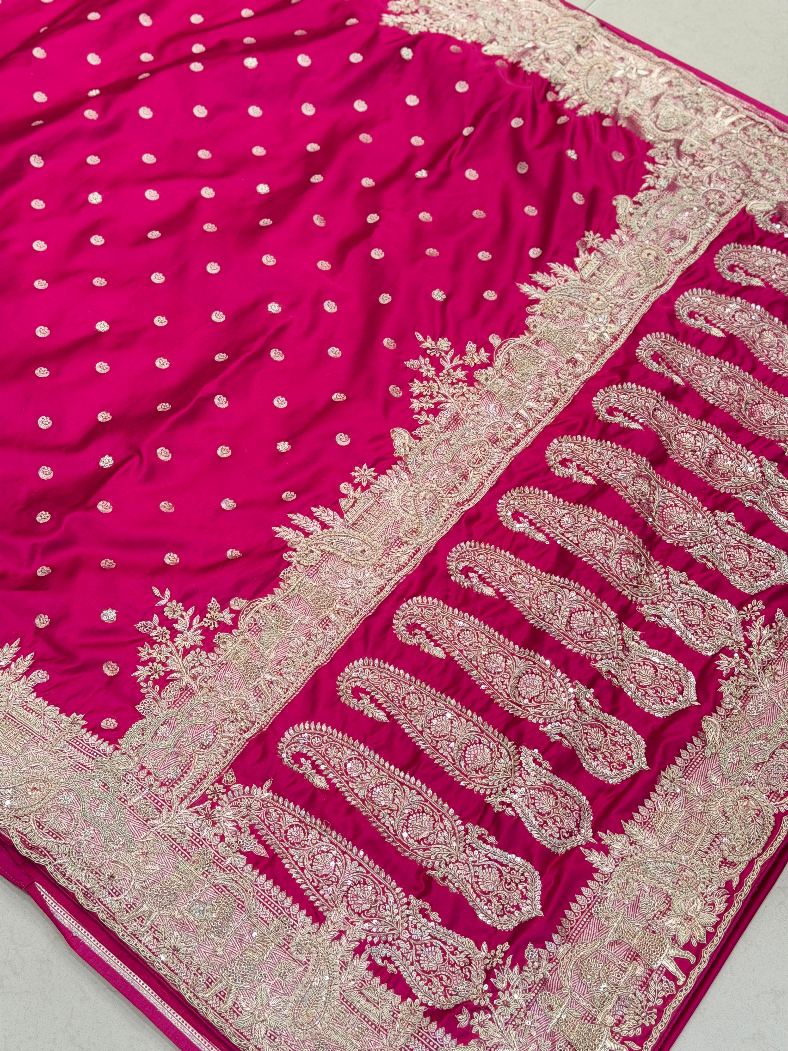 Rani Pink Banarasi Chand Butti Zardosi Doli Edit Hand Embroidery Saree