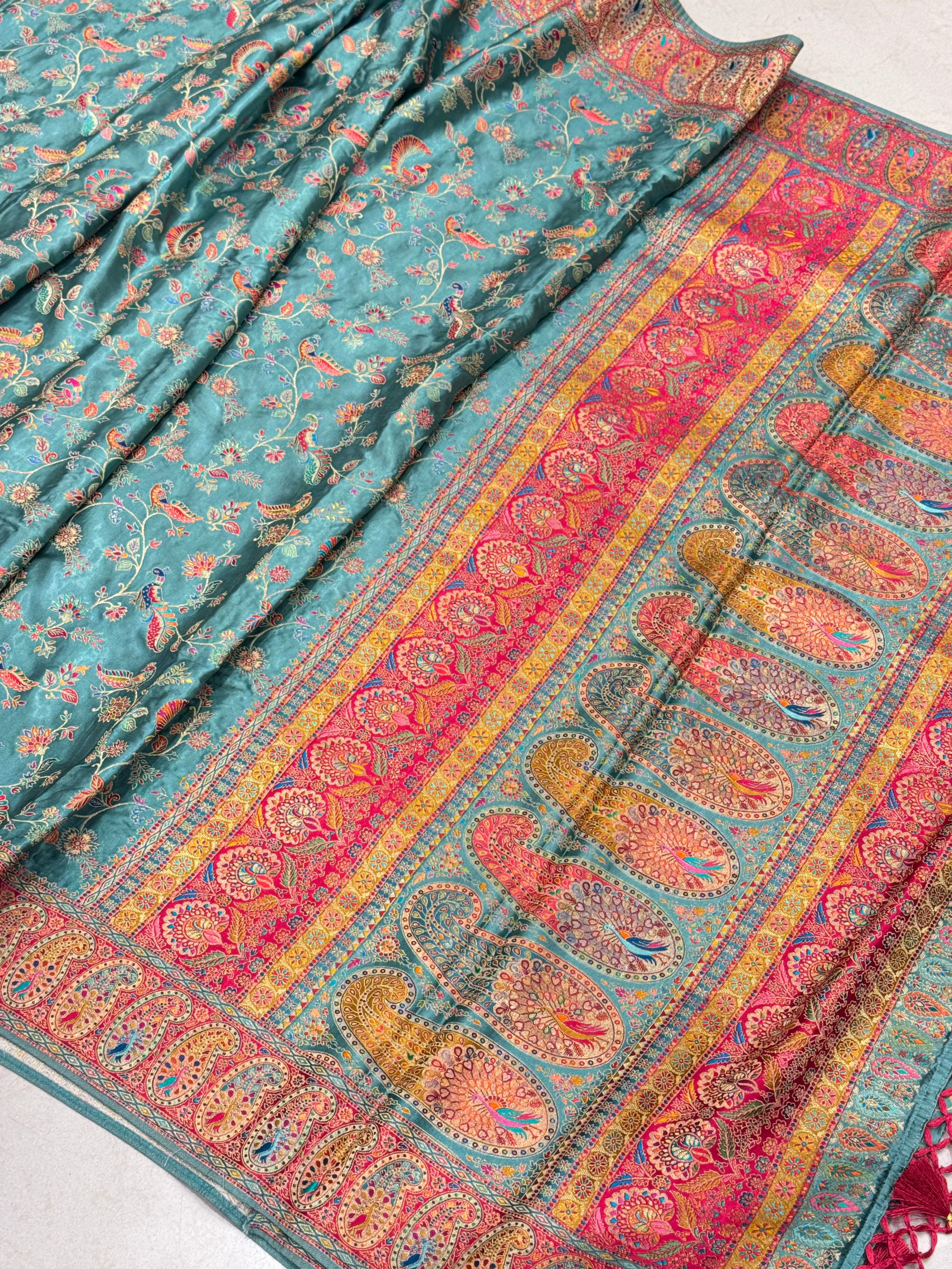 Firozi Banarasi Modal Satin Pashmina Style Jaal Saree