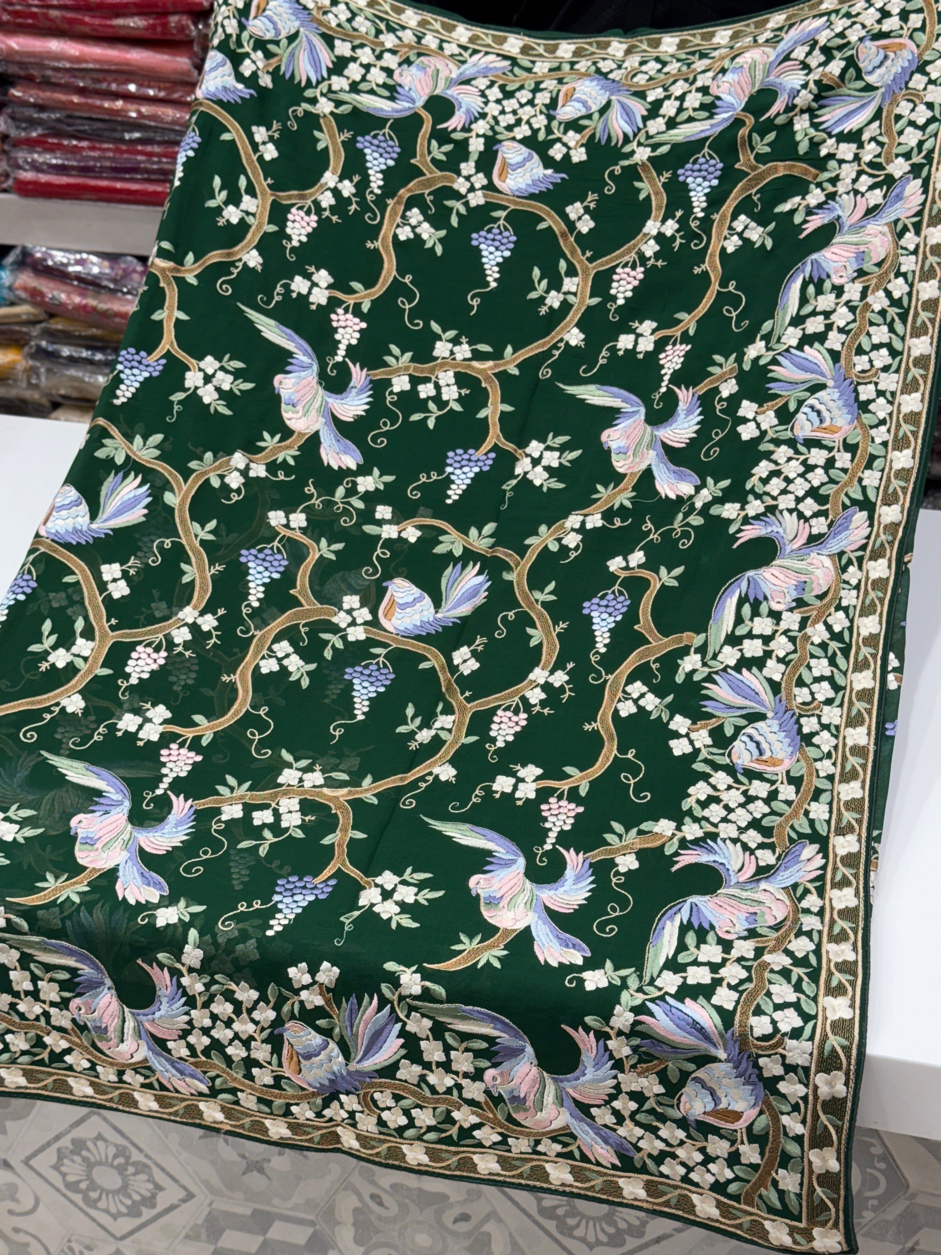 Bottle Green Chakla Chakli Embroidery Parsi Gara Saree