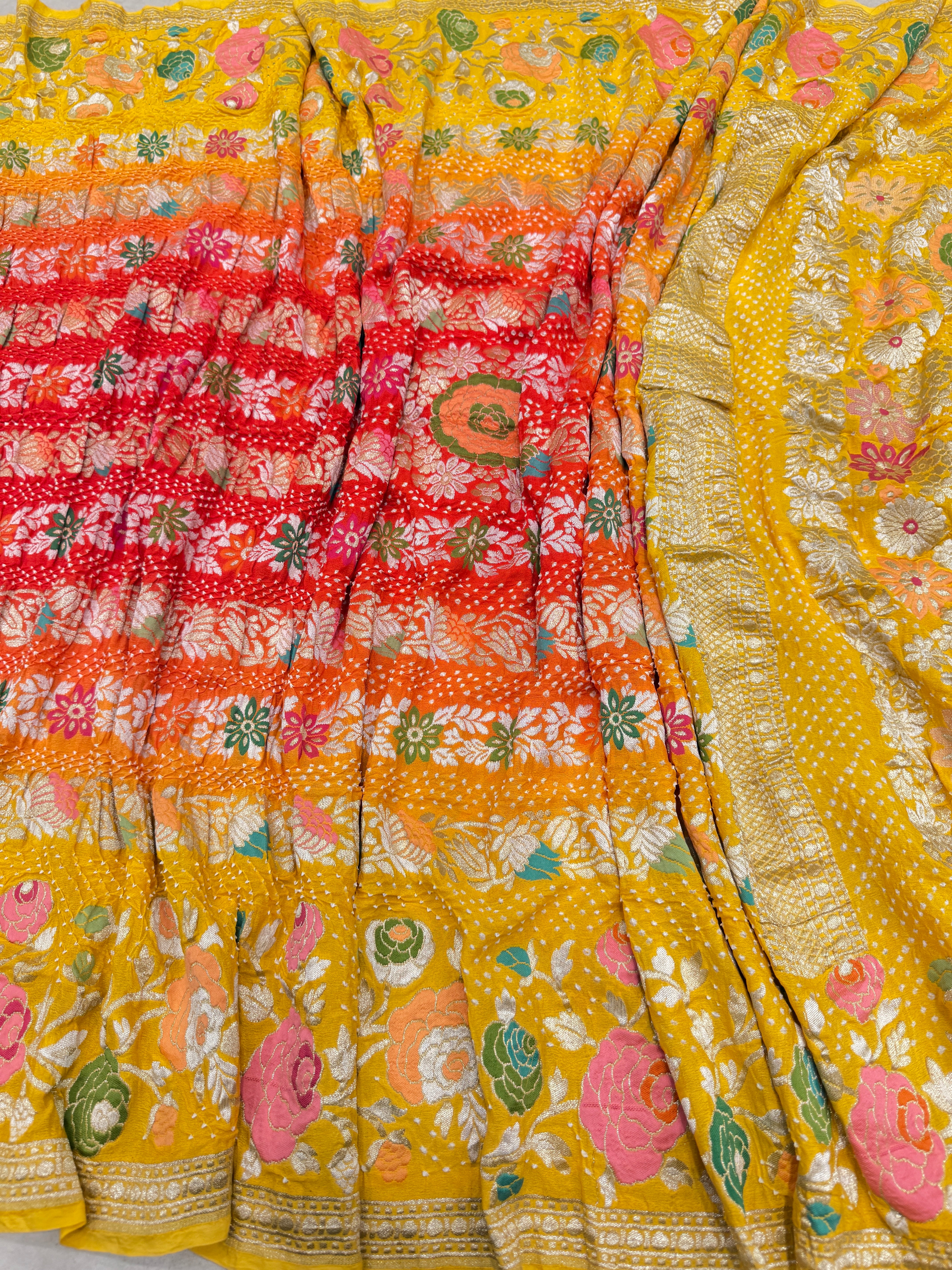 Yellow Red Shaded Floral Meenakari Rai Bandhej Georgette Bandhini Saree