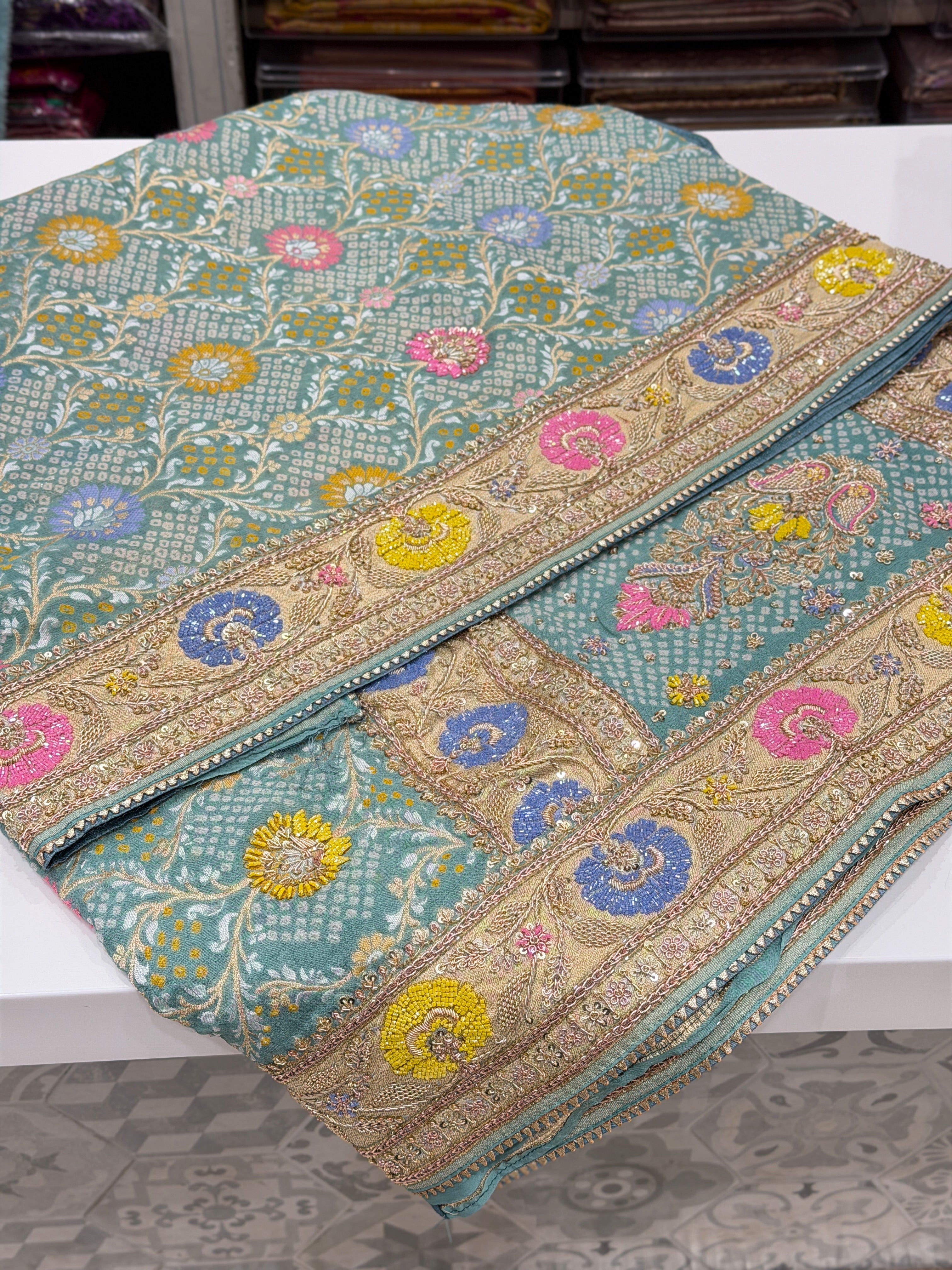Pastel Powder Blue Meenakari Bandhej Zardodi Sequin Hand Embroidery Saree