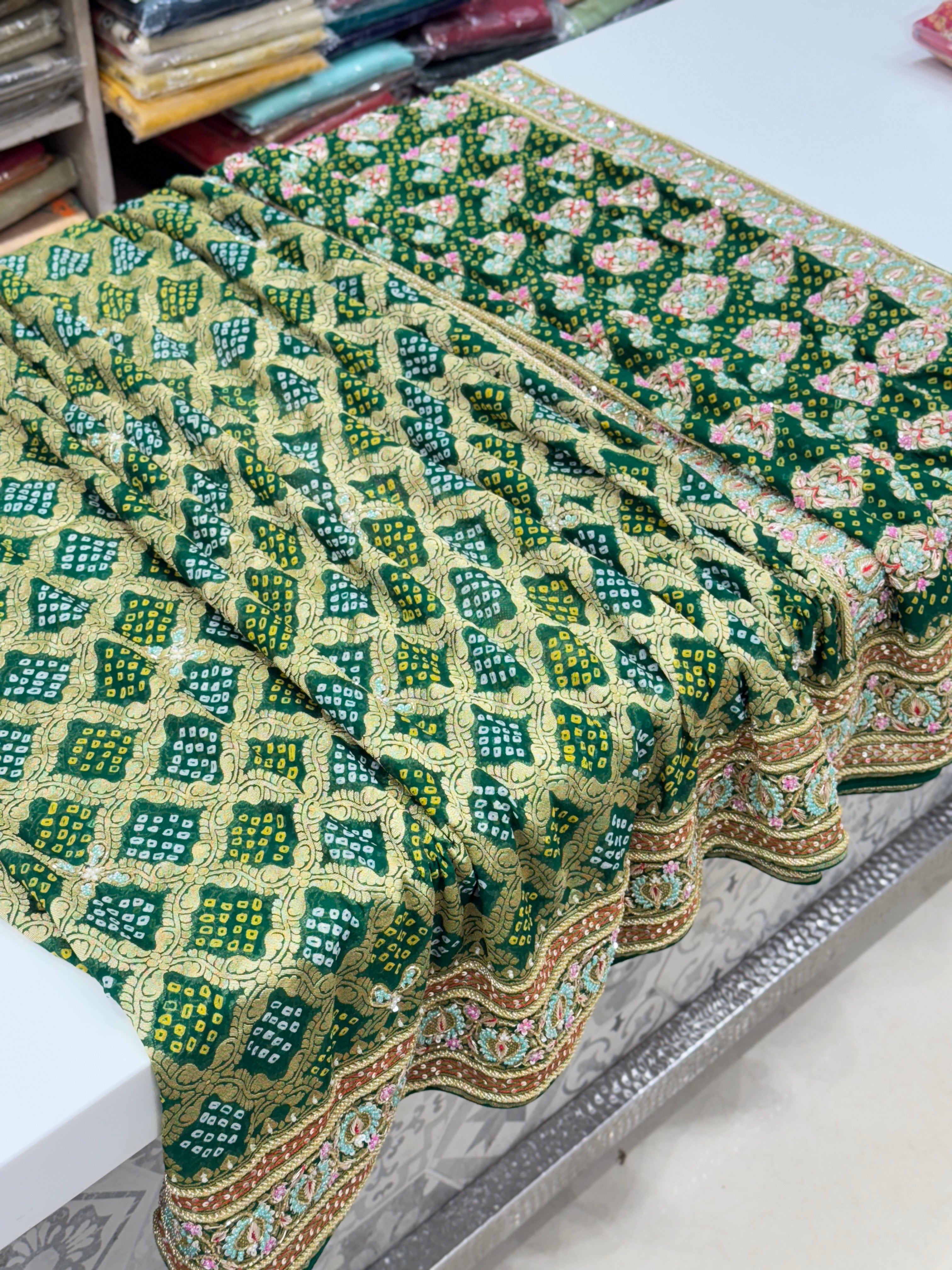 Bottle Green Bandhej Hand Embroidery Saree
