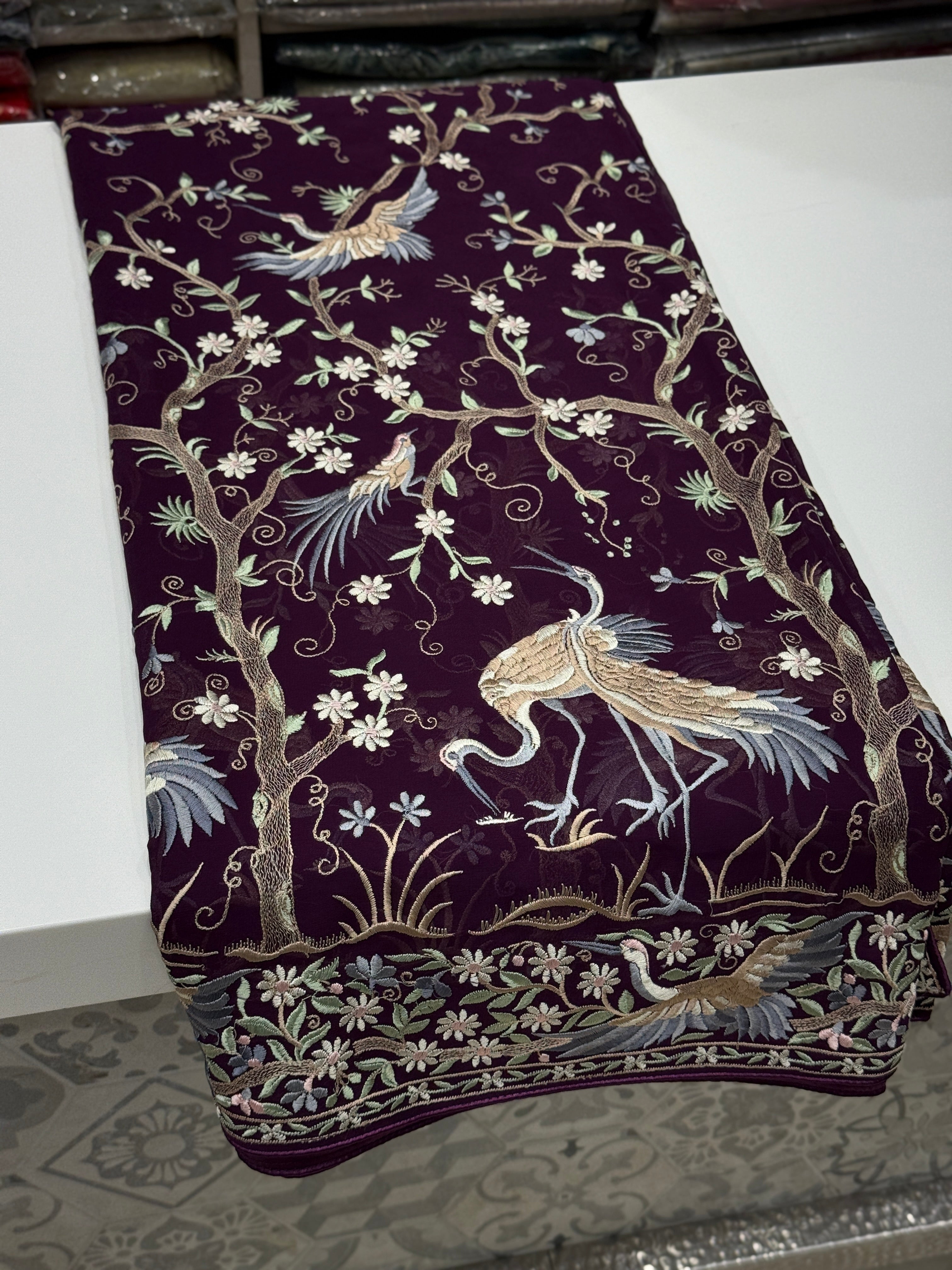 Wine Tree Of Life Flamingo Parsi Gara Saree