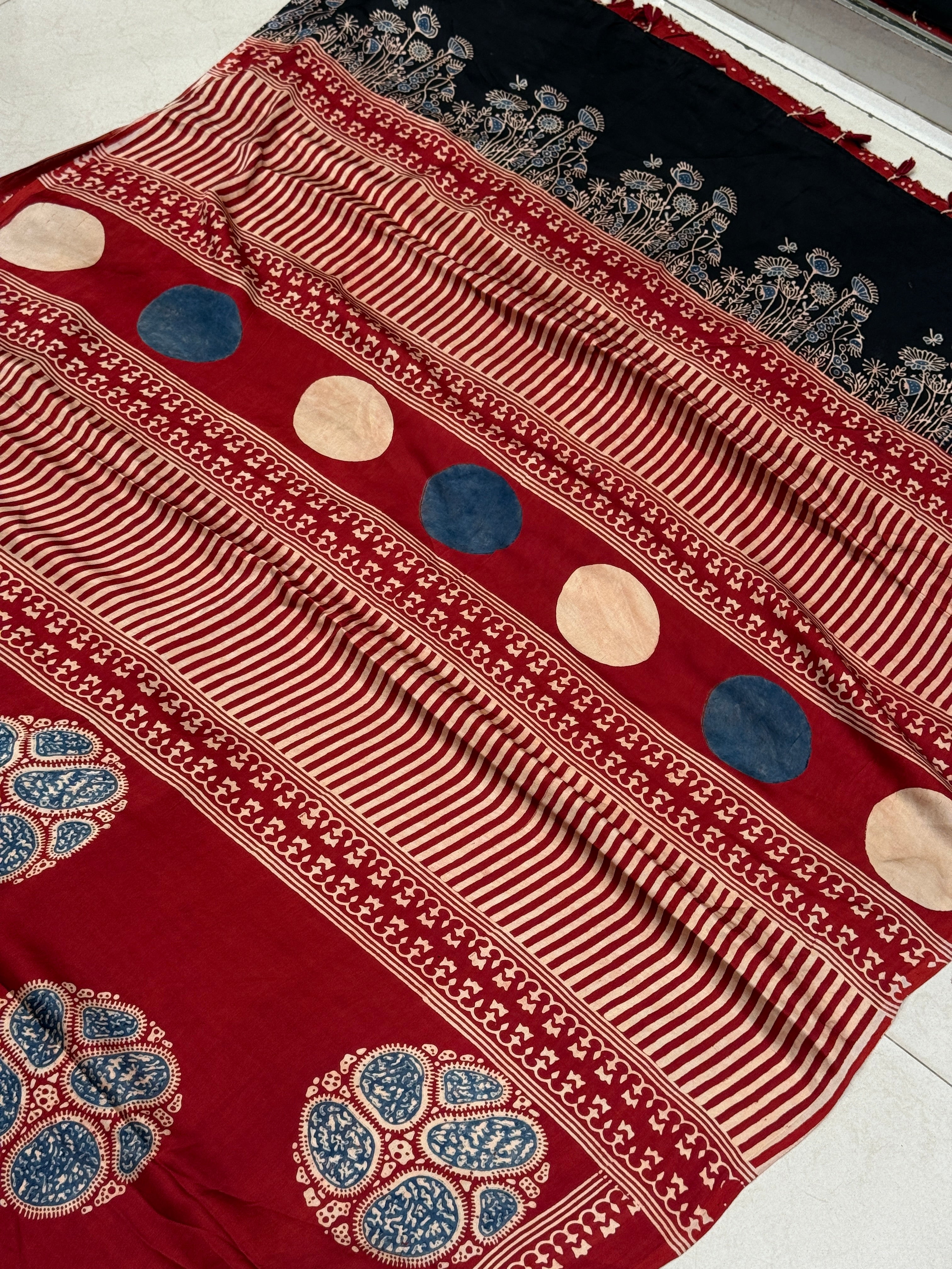 Red Ajrakh Blue Butta Hand Block Print Pure Gajji Silk Saree