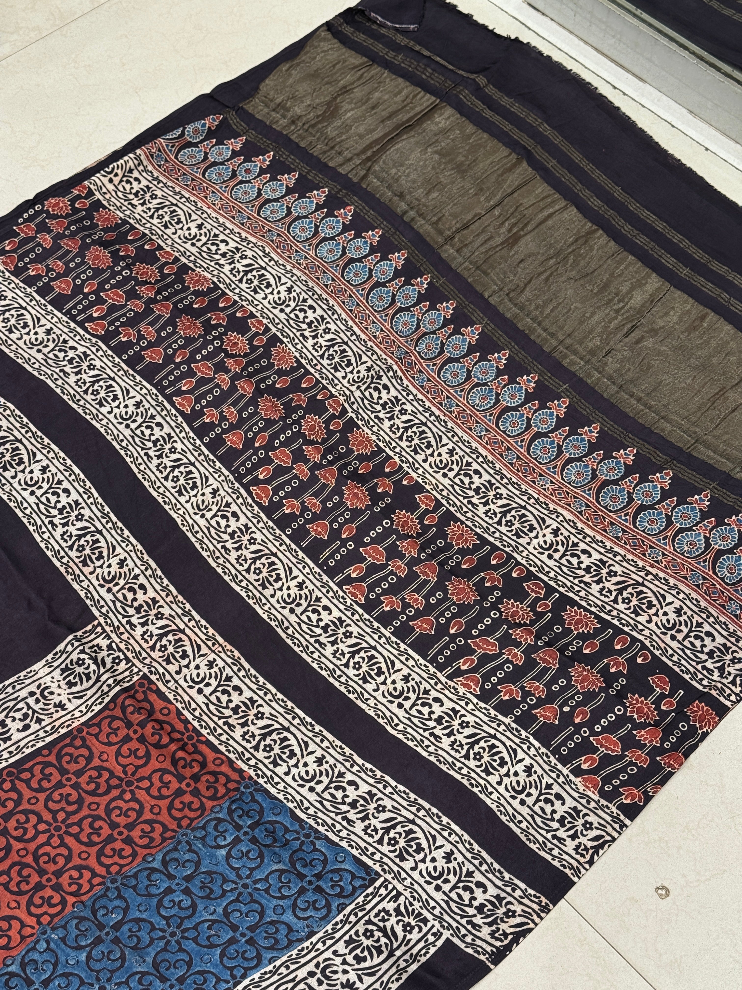 Black Multi Lagdi Patta Ajrakh Saree Modal Gajji Silk Hand Block Print