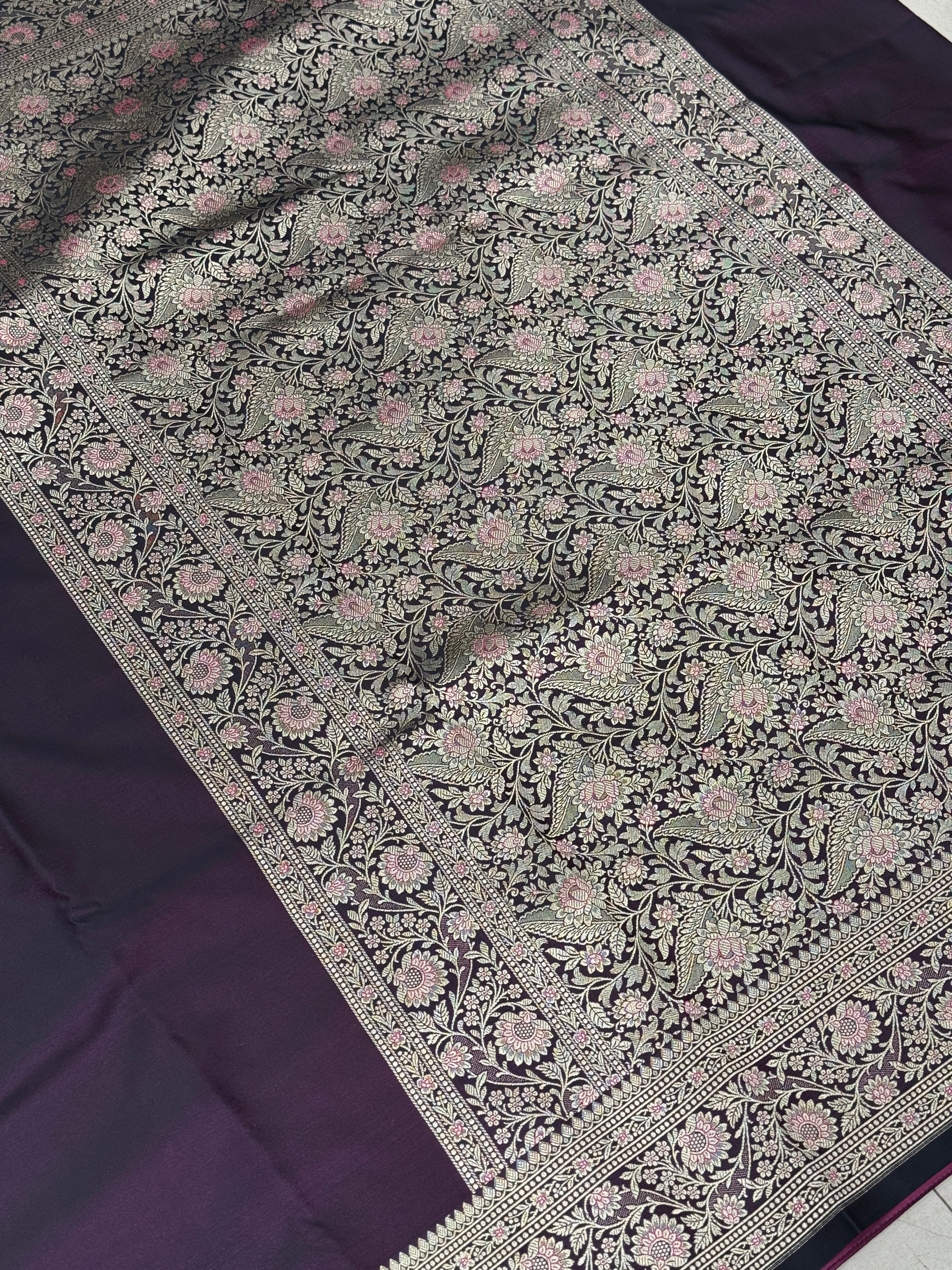 Purple Dhup Chav Banarasi Plain Upside Down Border Saree