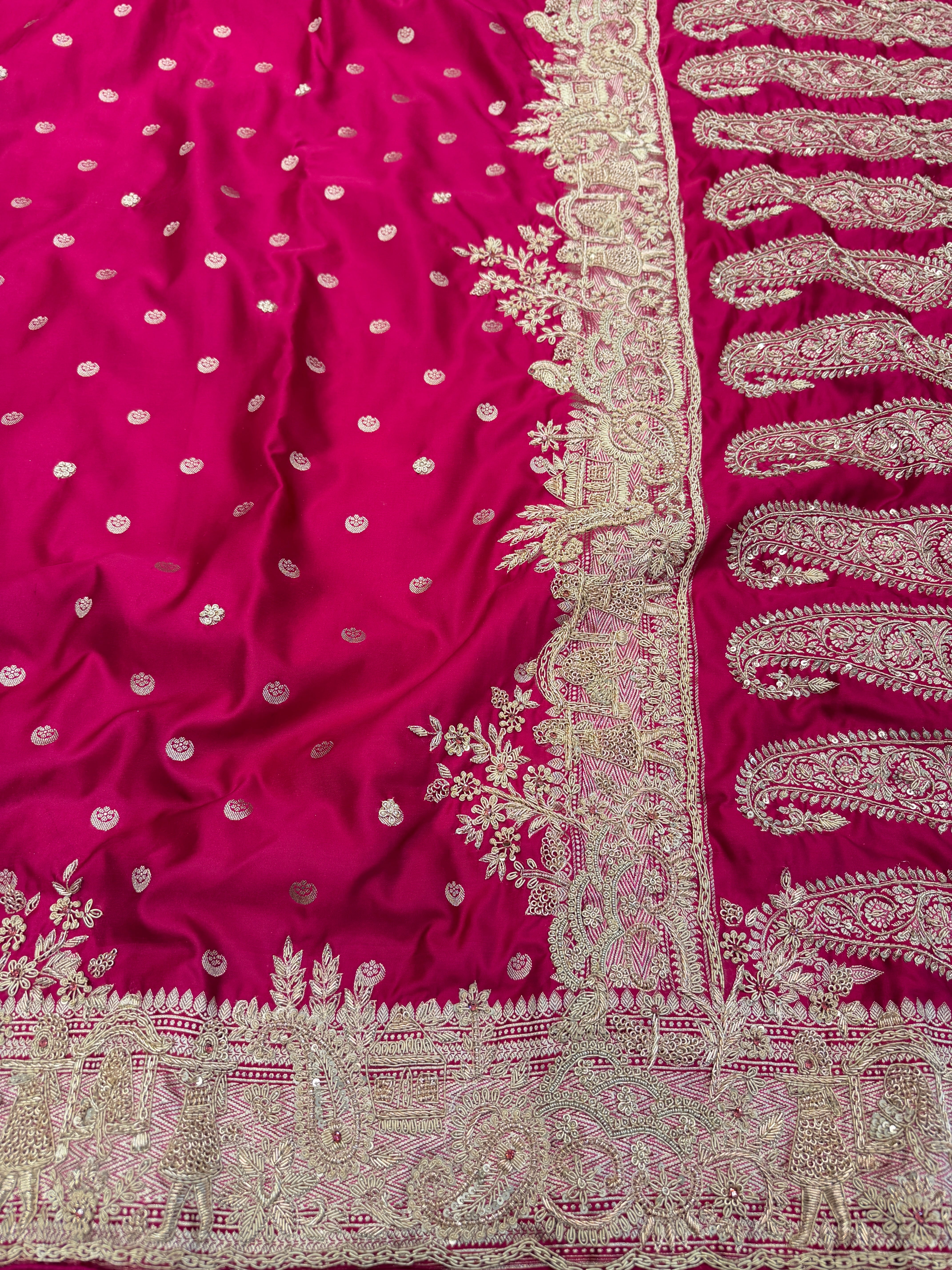 Rani Pink Banarasi Chand Butti Zardosi Doli Edit Hand Embroidery Saree