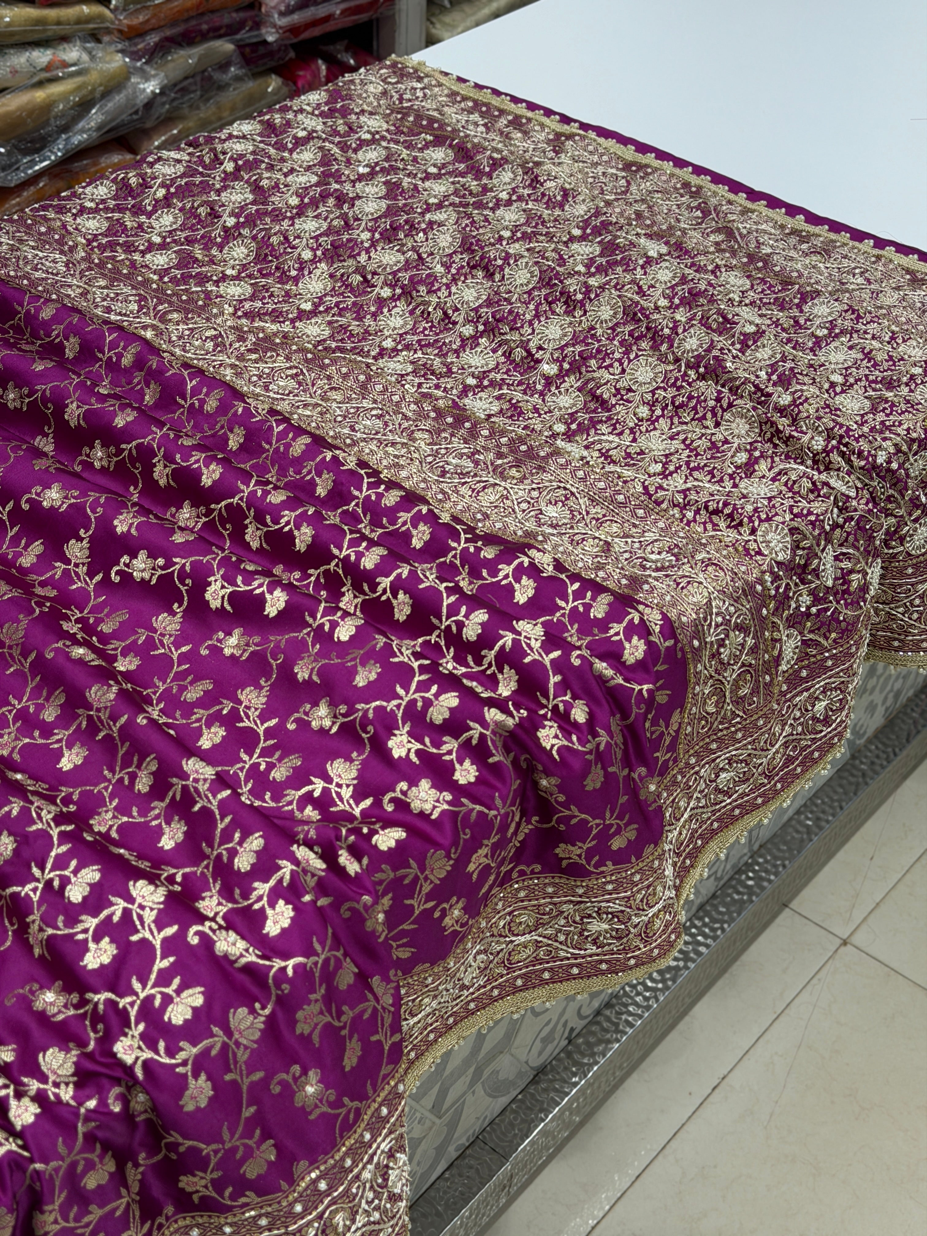 Wine Banarasi Perwinkle Jaal Zardozi Hand Embroidery Saree