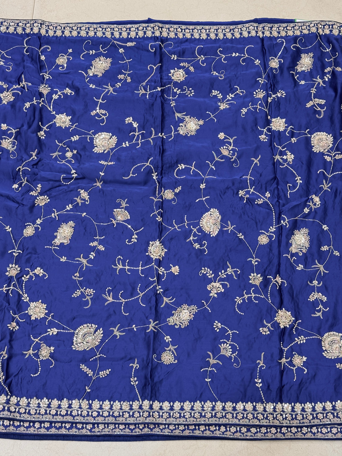 Blue Satin Silk Moti Sequin Jaal Hand Embroidery Saree
