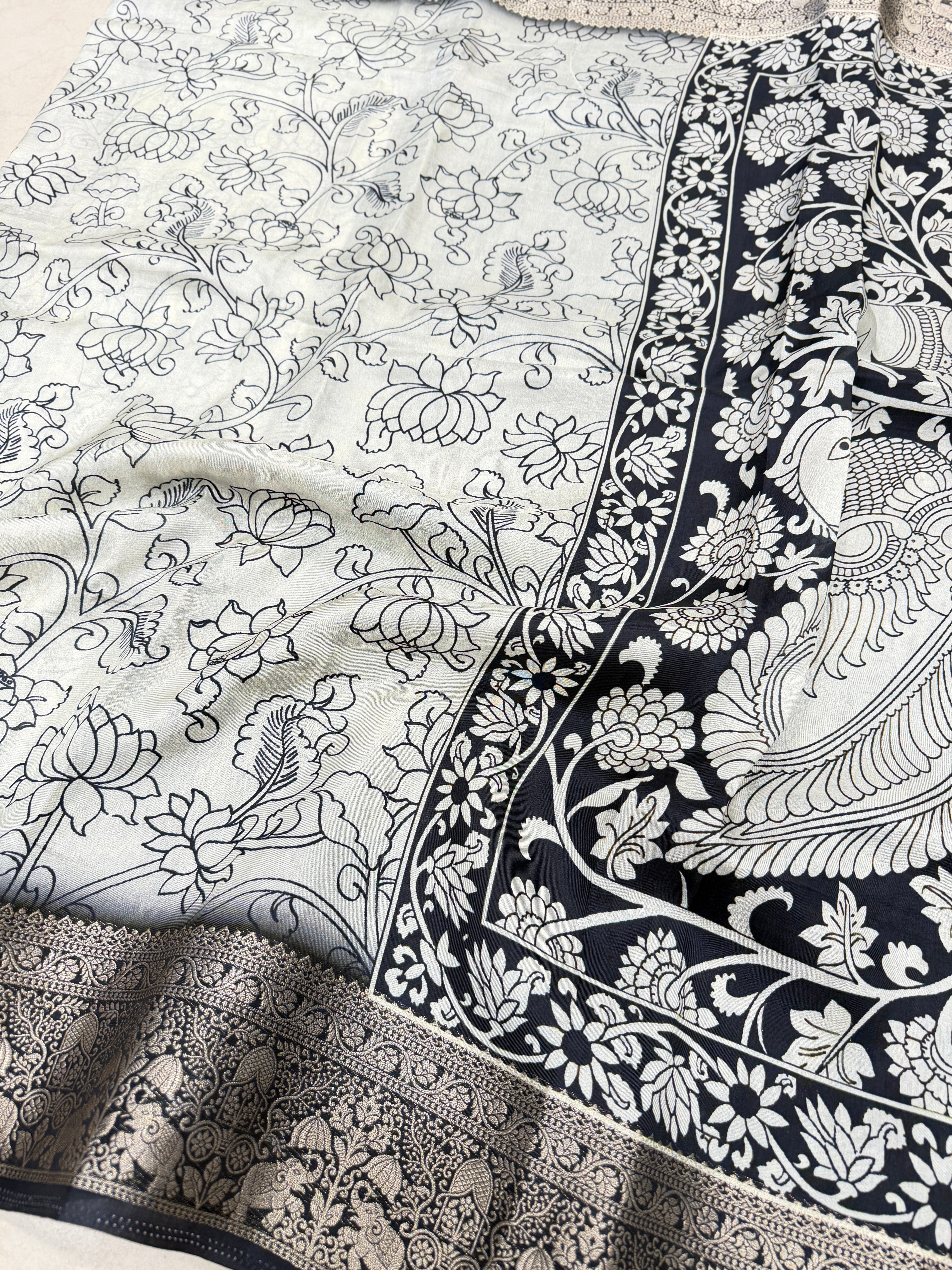 White and Black Printed Kalamkari Munga Silk Saree