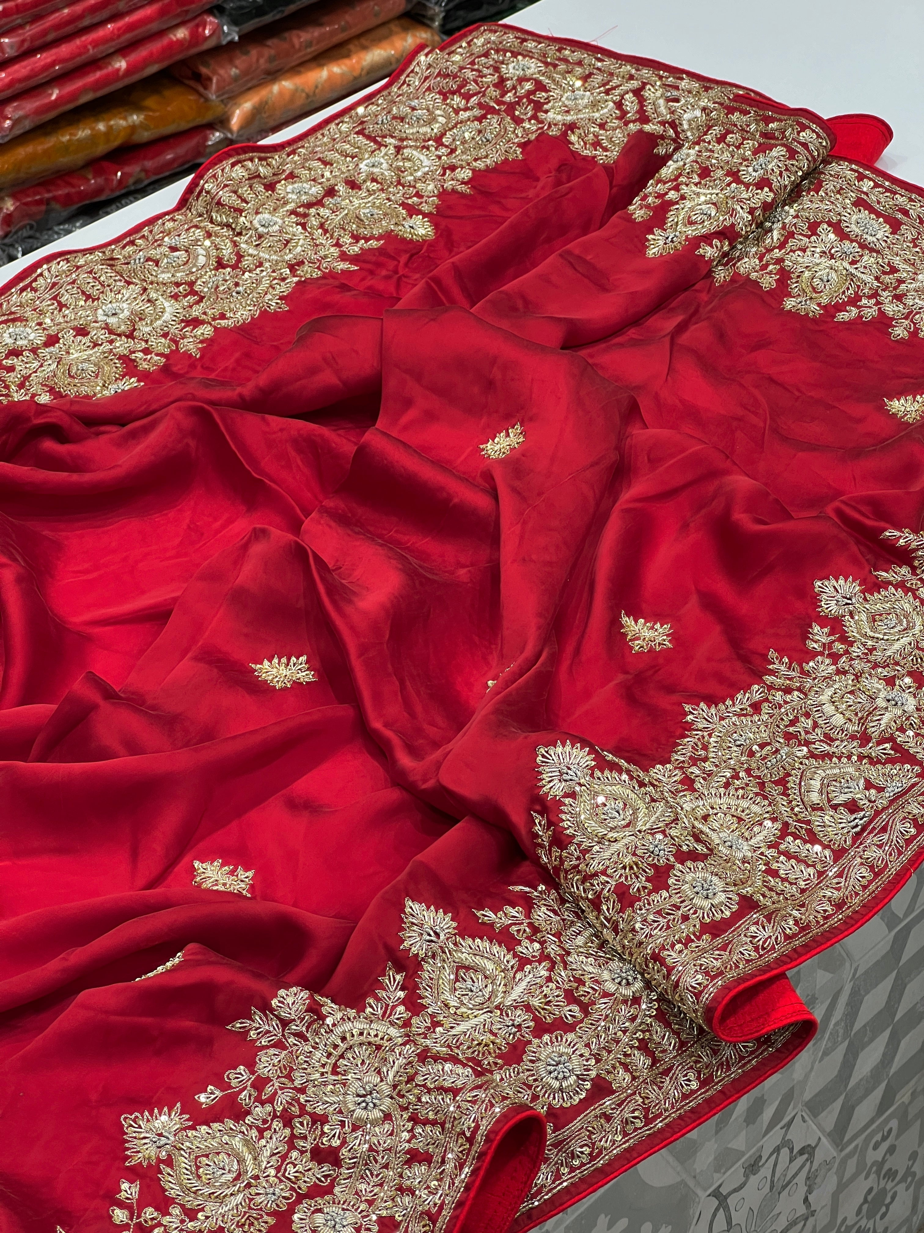 Red Satin Zardosi Hand Embroidery Saree