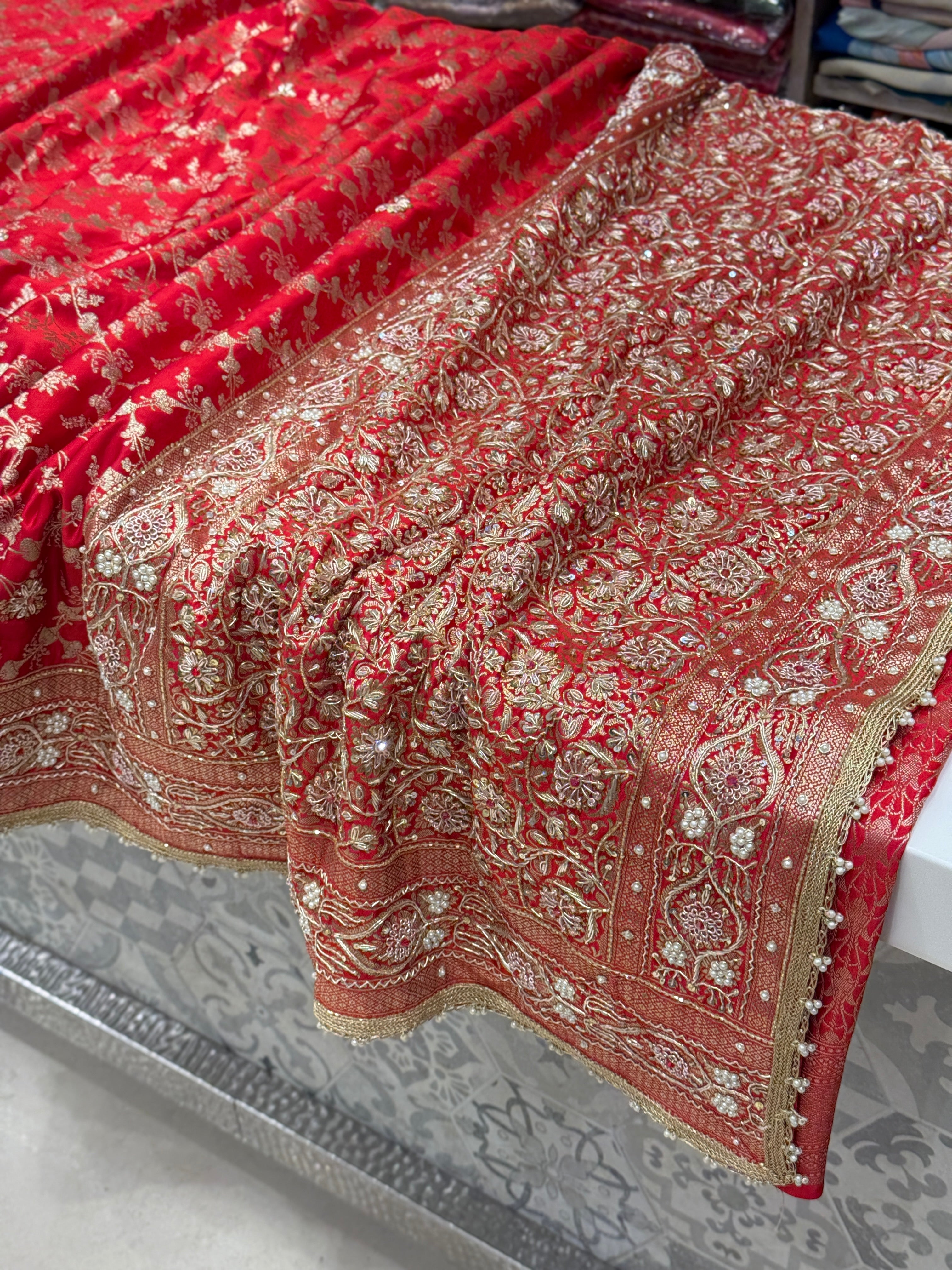 Red Banarasi Crystal Embroidery Saree