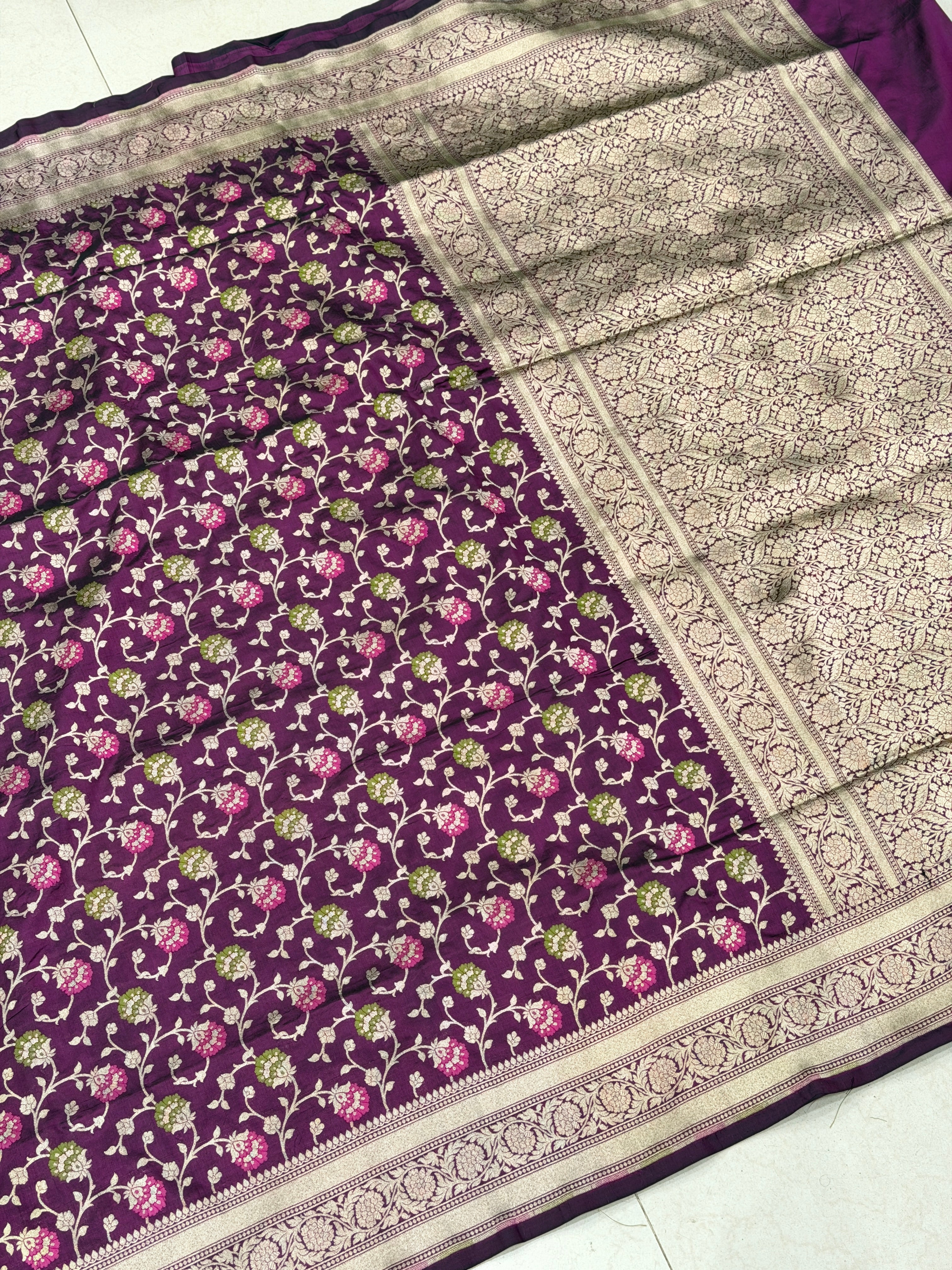 Wine Handloom Meenakari Jaal Katan Silk Saree