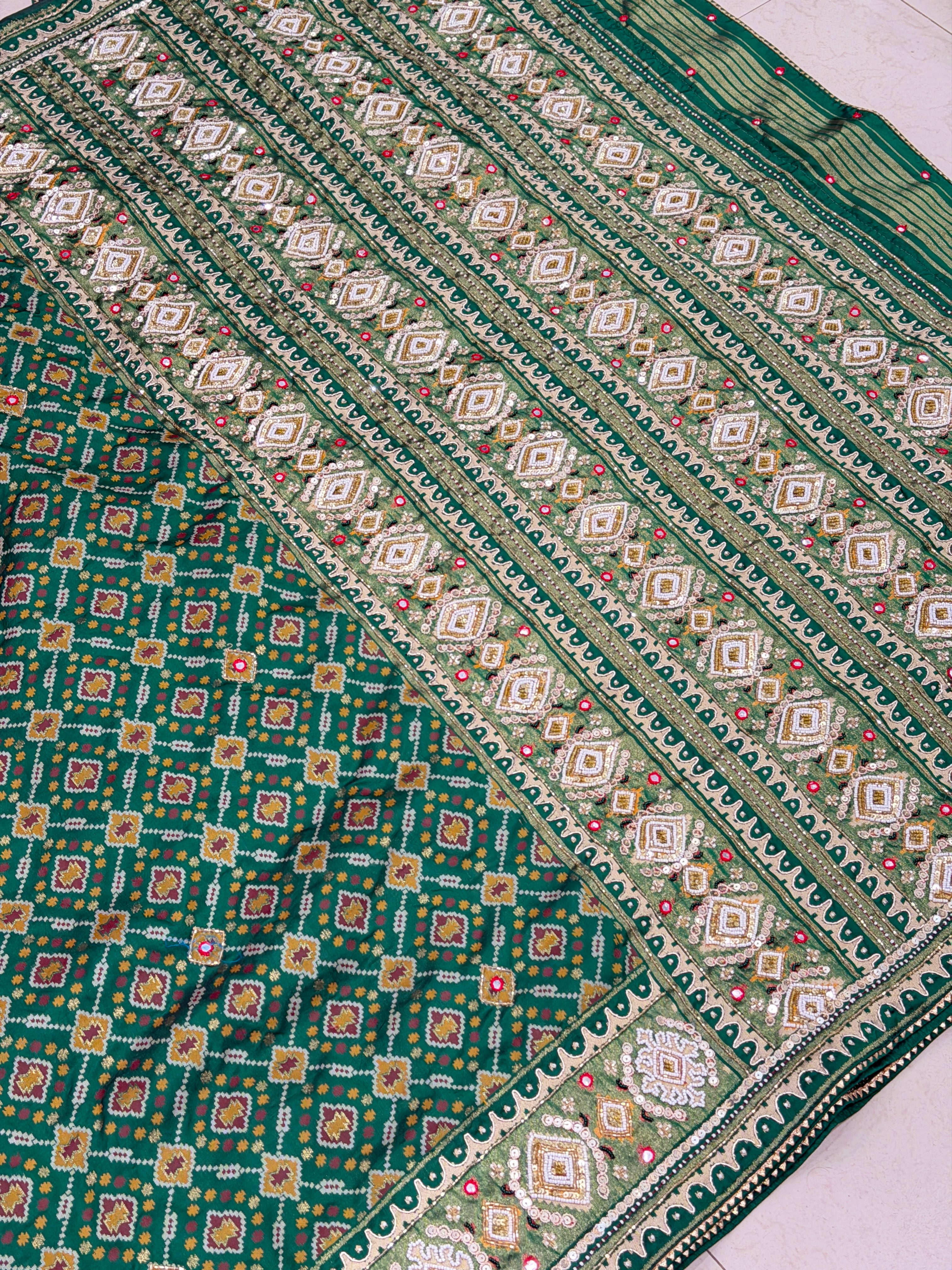 Bottle Green Patola Small Jaal Ikat Kidiya Moti Hand Embroidery Saree