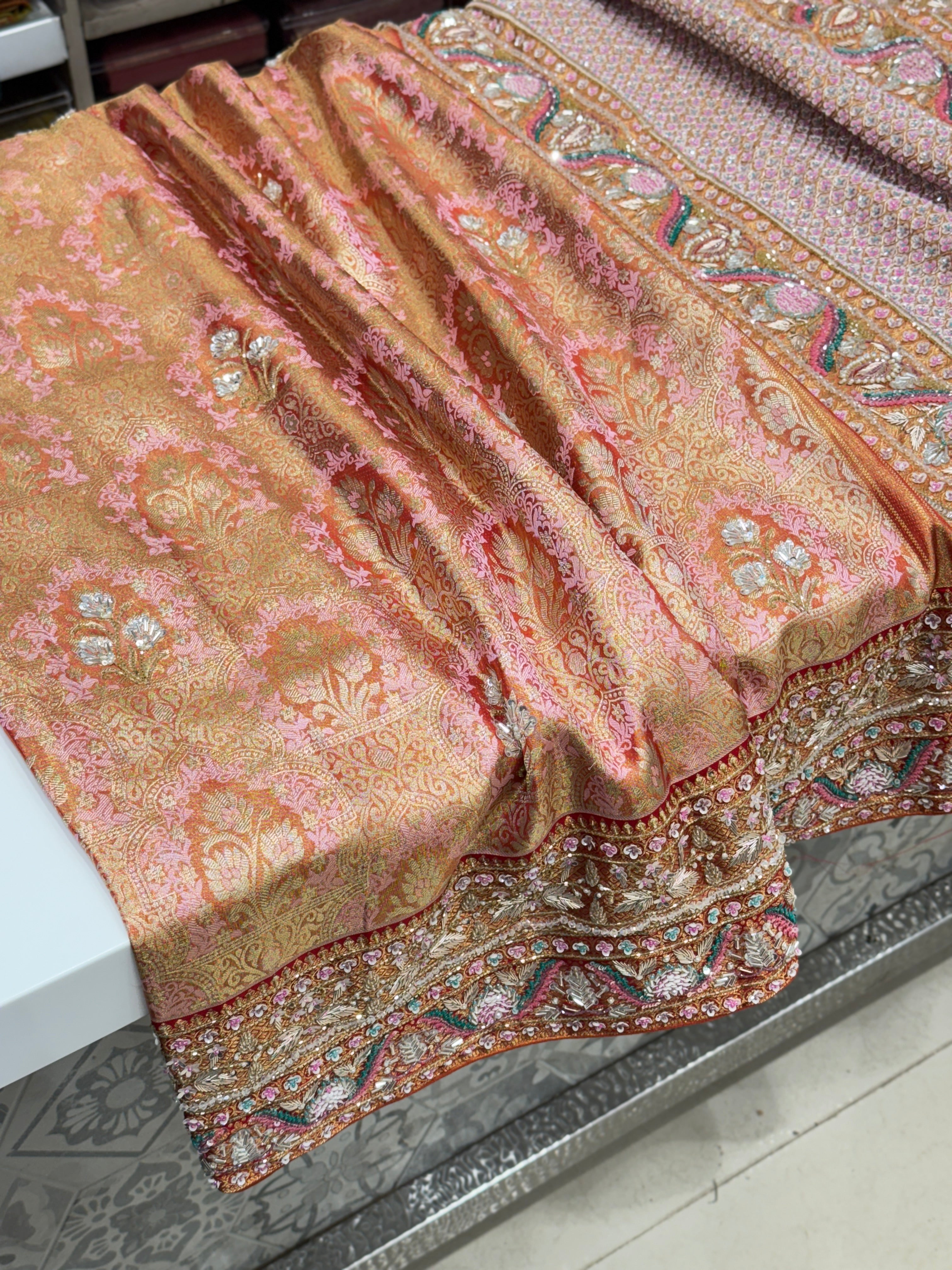 Pink Red Jaal Tissue Kanjivaram Hand Embroidery Saree