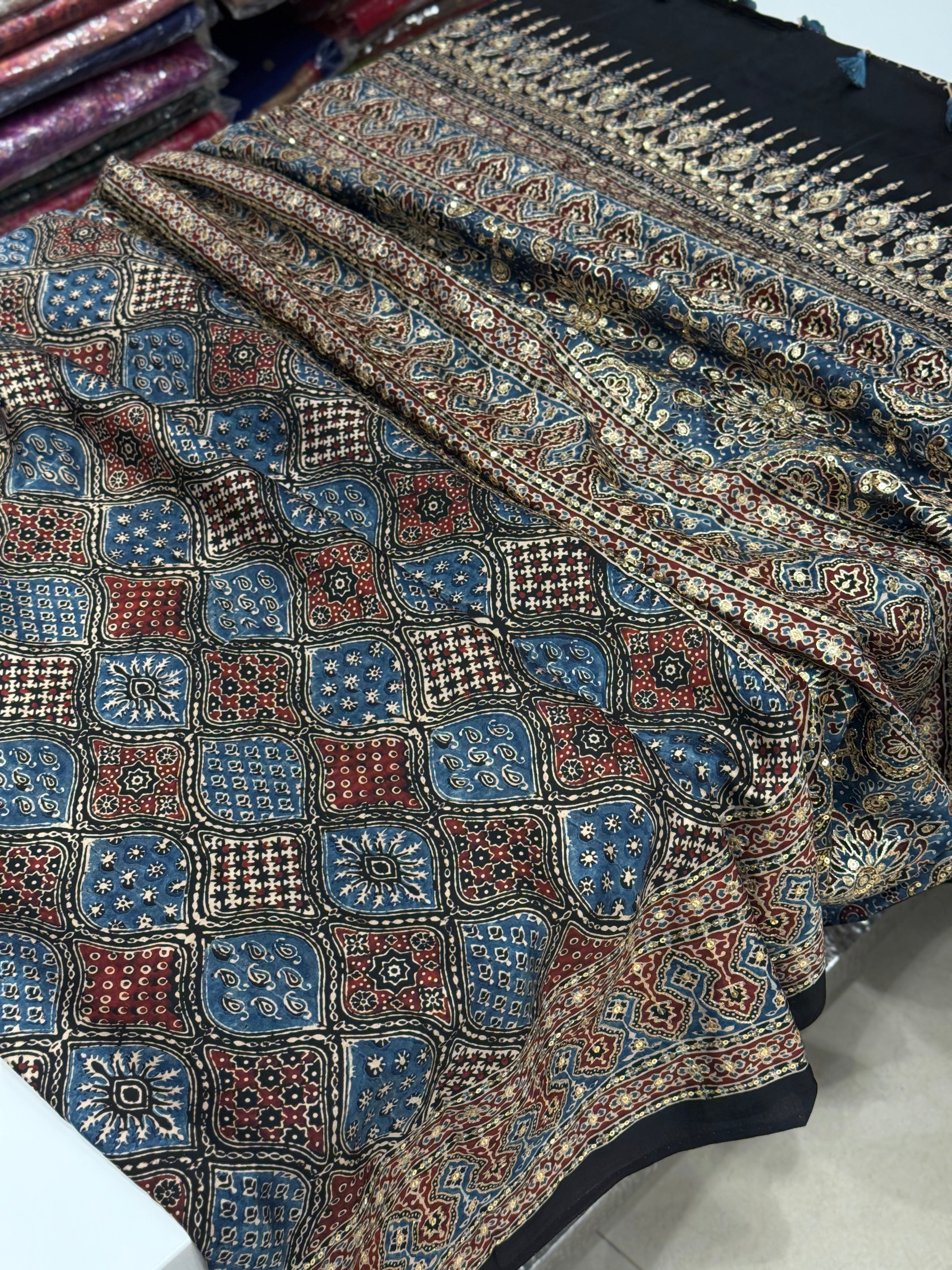 Blue Badam Abstract Jaal Pita Sequin Ajrakh Hand Embroidery Saree