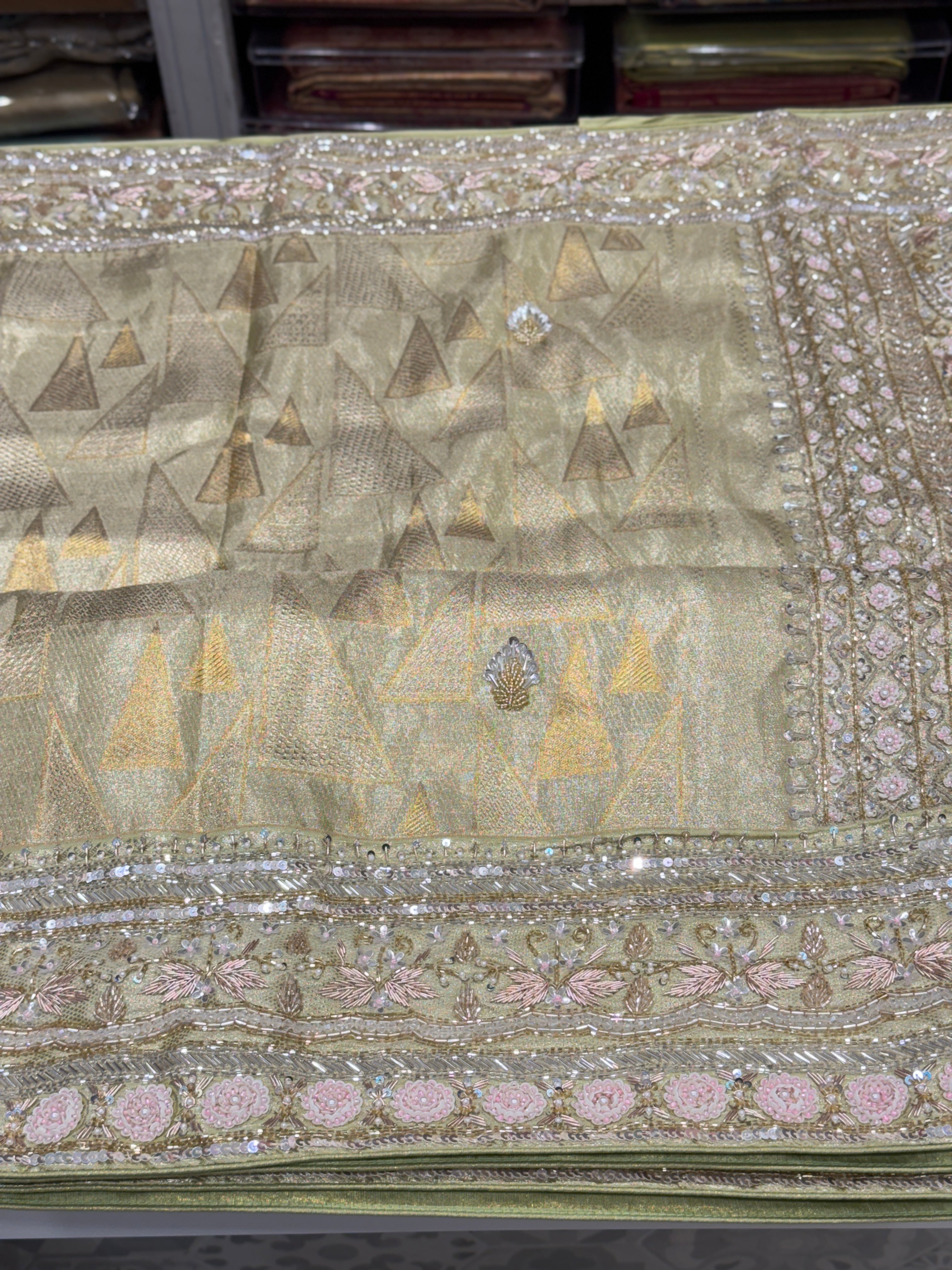 Green Contemporary Tissue Jaal Kanjivaram Hand Embroidery Saree