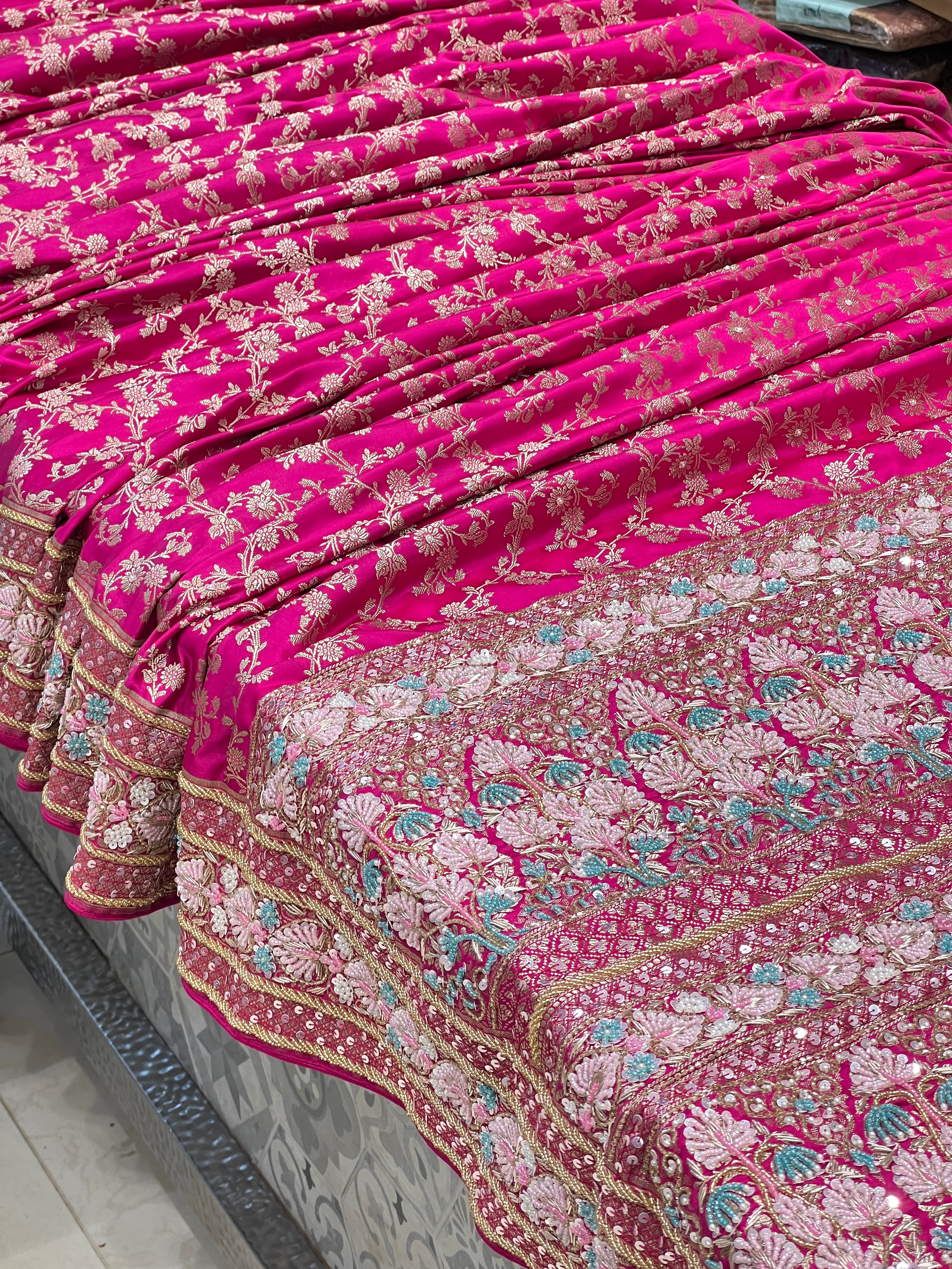 Rani Banarasi Heart Border Fancy Hand Embroidery Saree