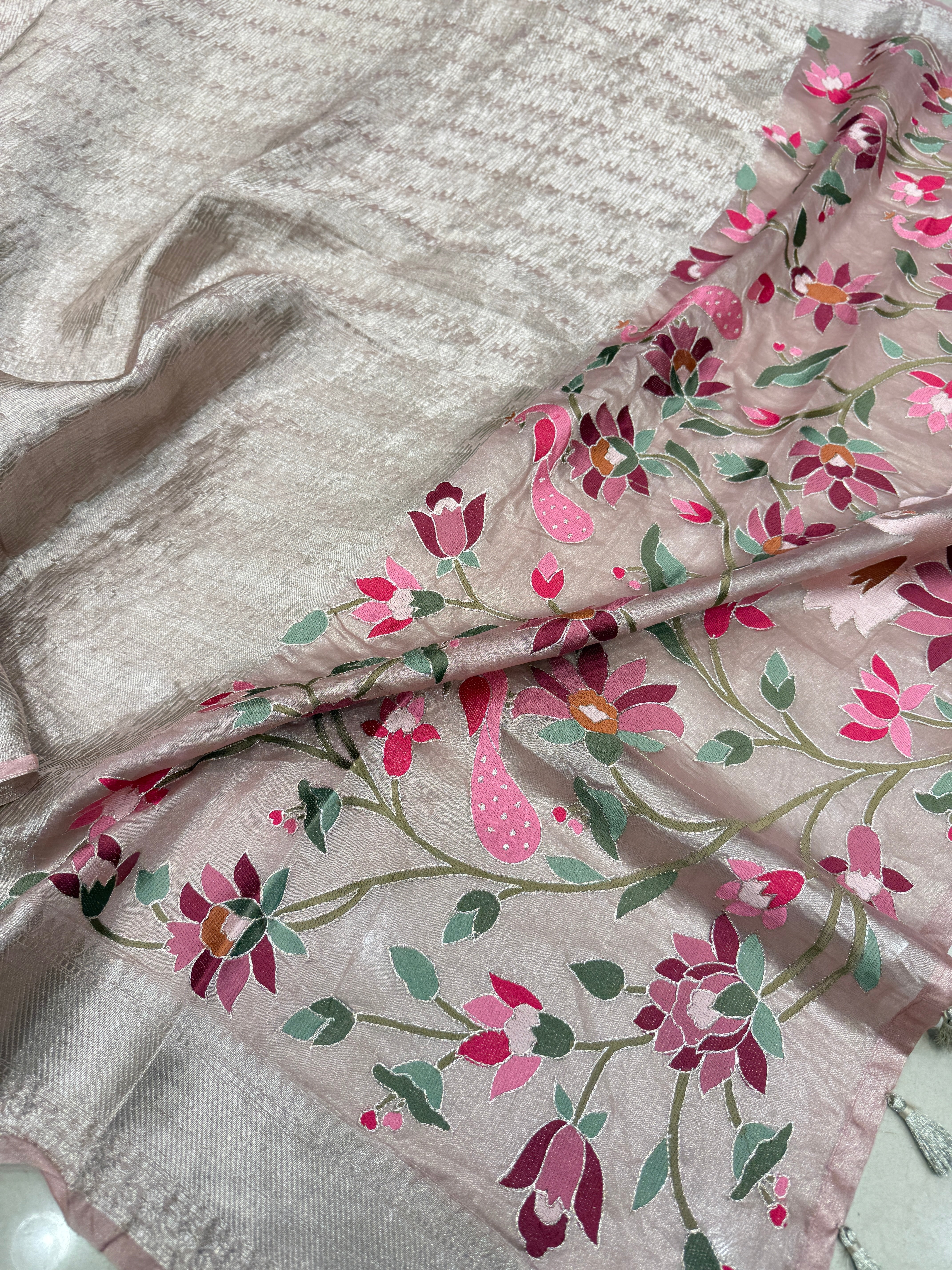 Nude Pink Silver Handloom Tissue Peacock Contemporary Resham Embroidery Saree