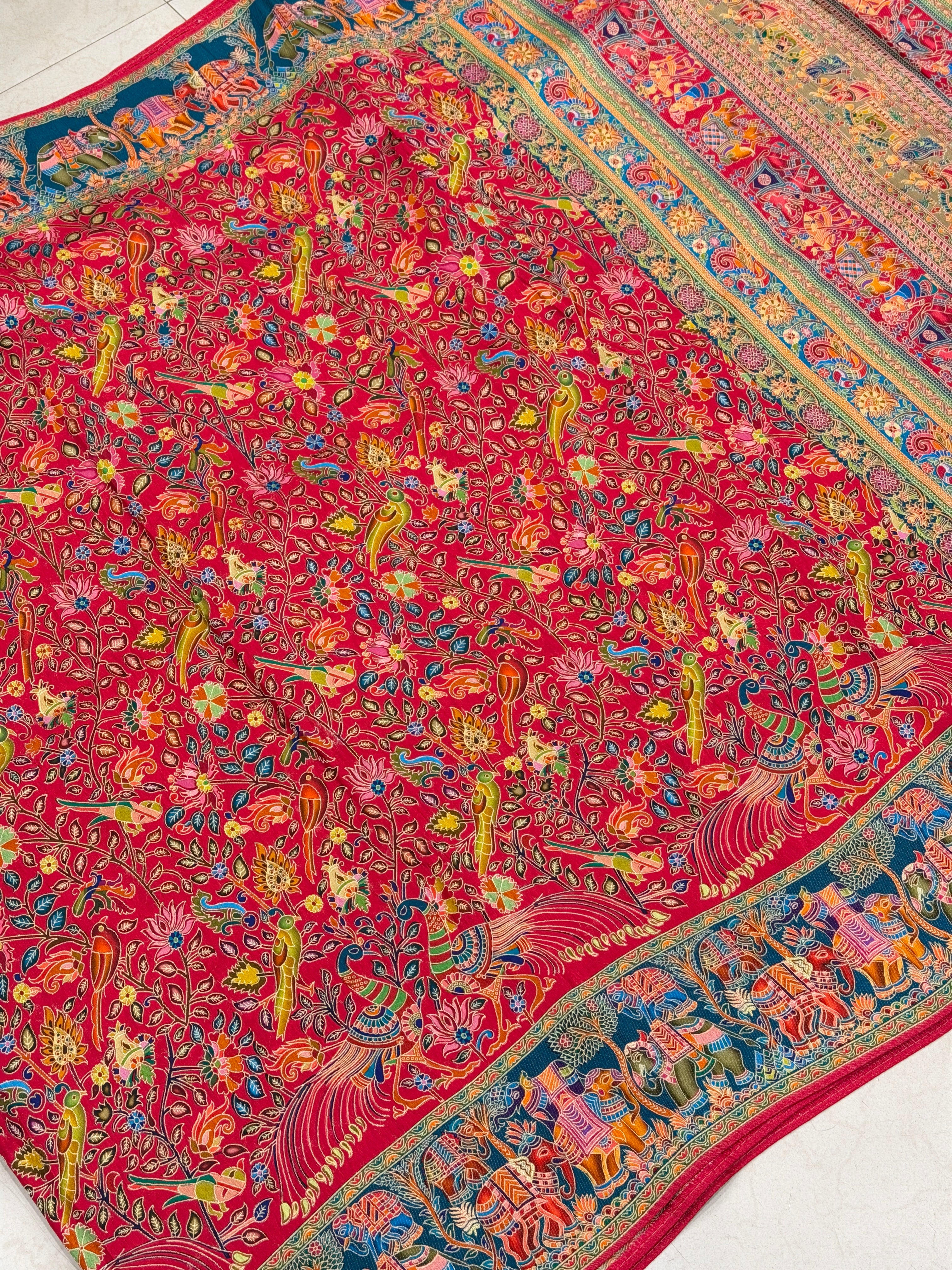 Red Blue Weaved Pashmina Style Multi Colour Saree