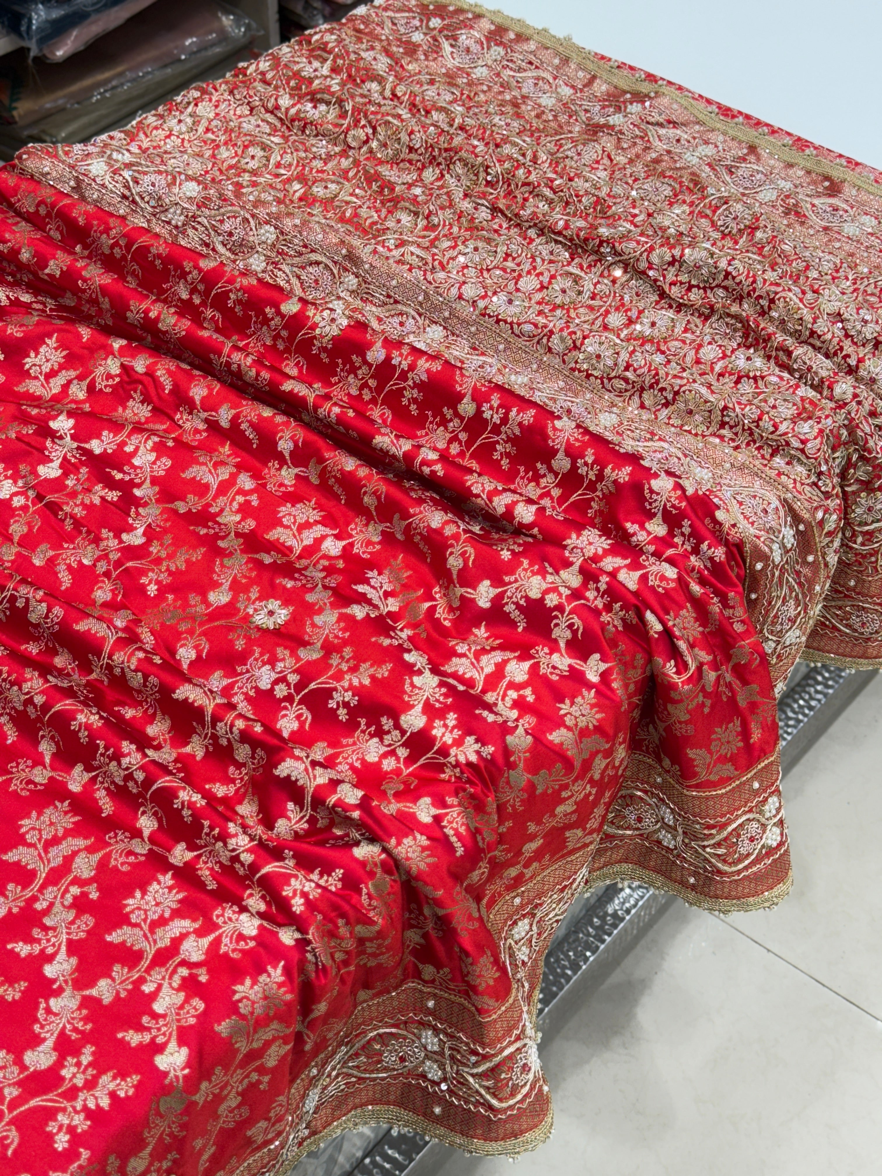 Red Banarasi Jaal Hand Embroidery Crystal Zardosi Saree