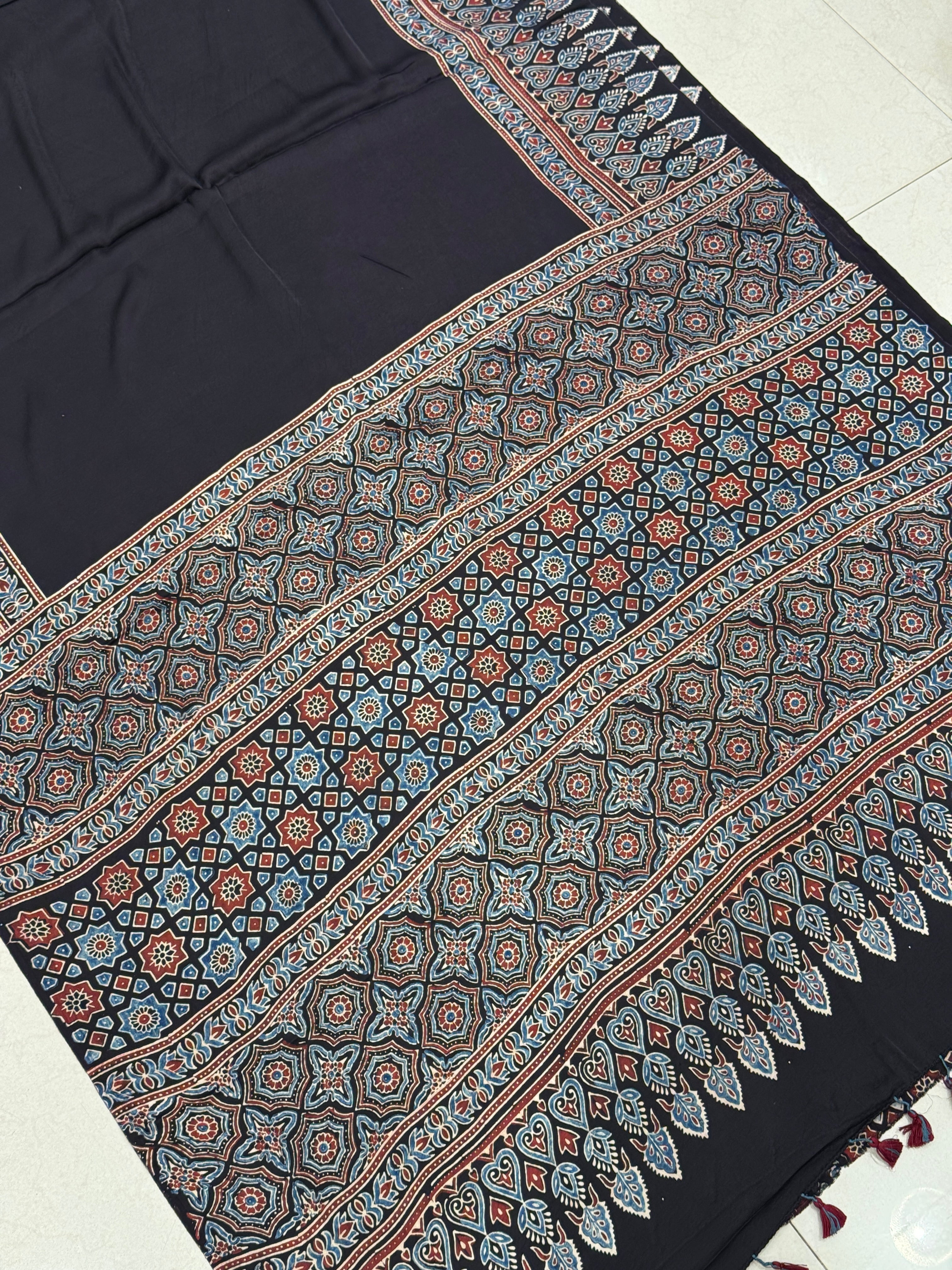 Black Plain Border Contemporary Ajrakh Hand Block Print Pure Gajji Silk Saree