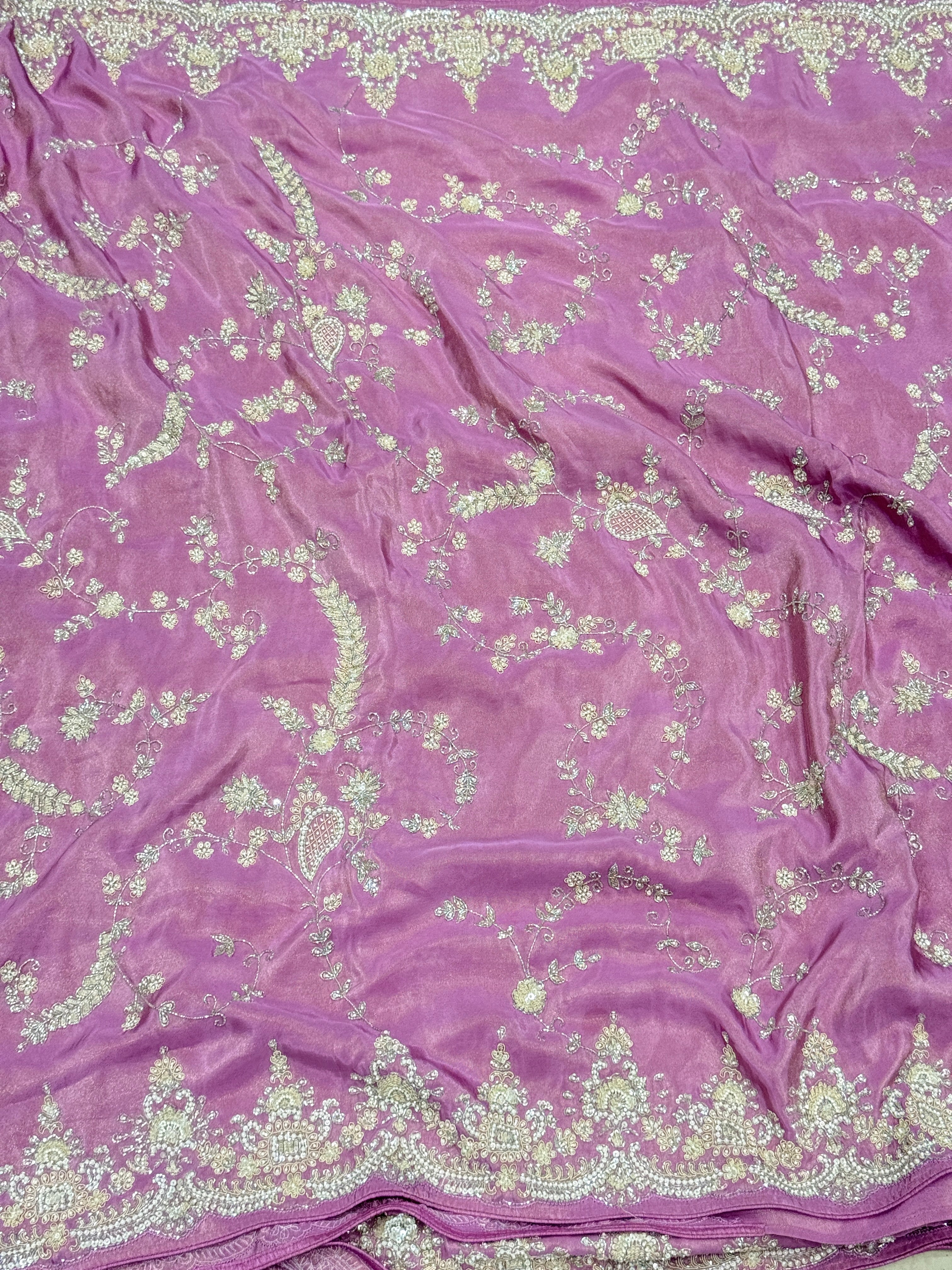 Lilac Crepe Tissue Cutana Moti Jaal Hand Embroidery Saree