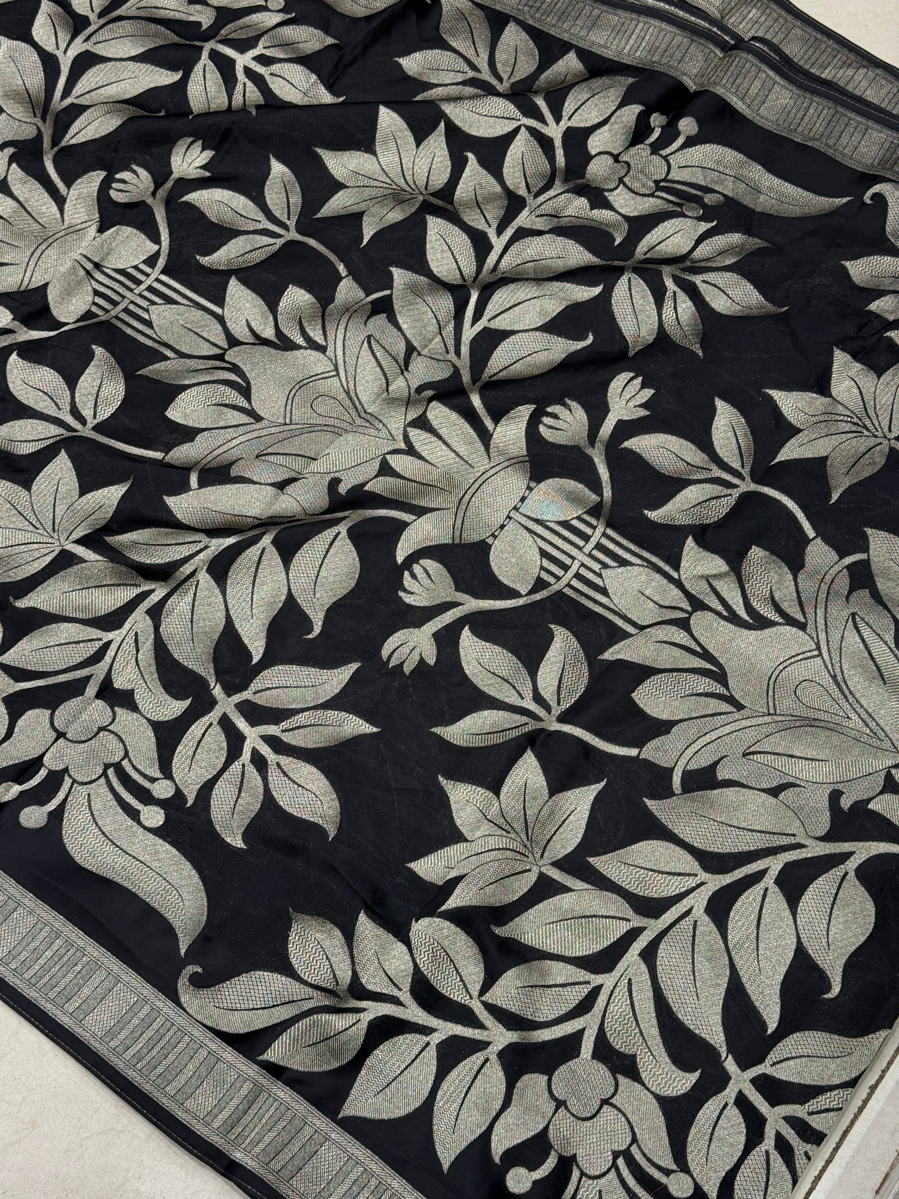 Black Contemporary Banarasi Munga Silk Mountain Lion Pallu Saree